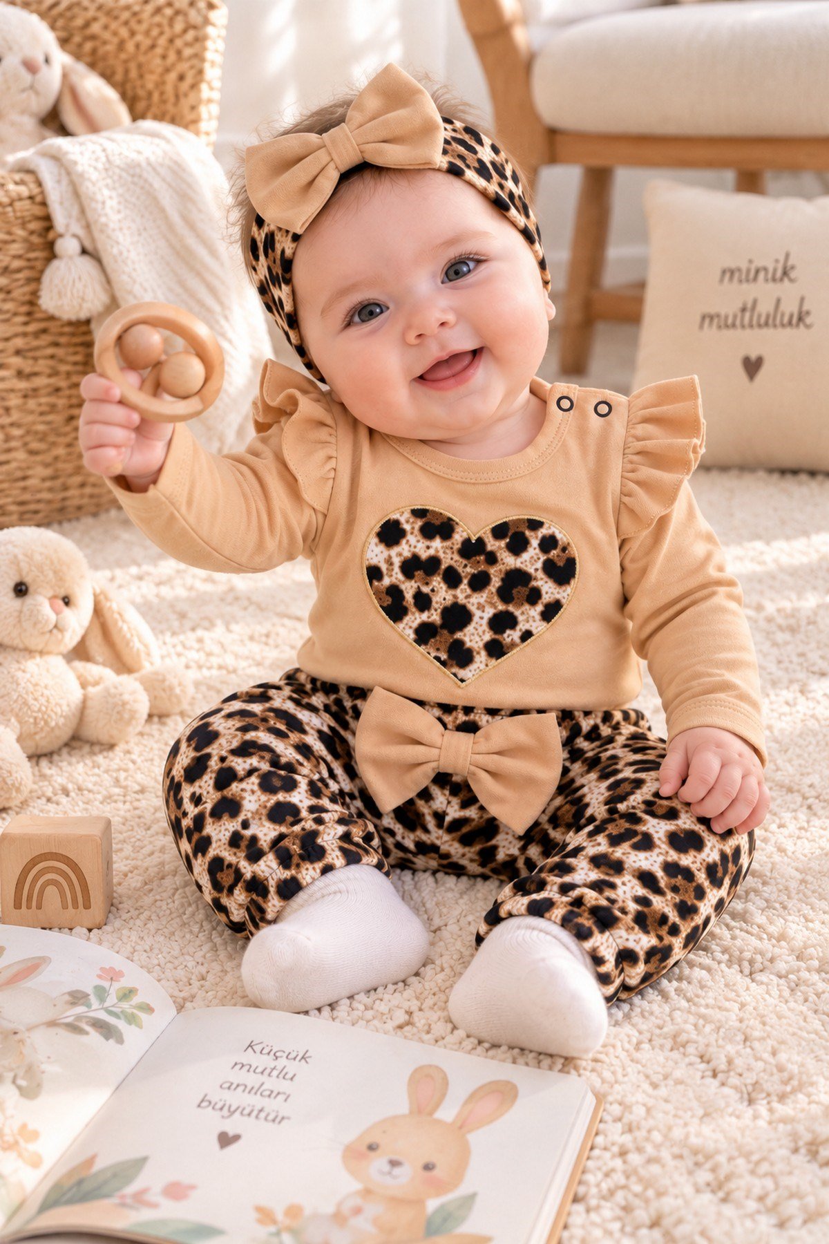 Kız Bebek Takımı Leopar Desenli 3'lü Kız Bebek Takımı Body-Alt ve Bandana Seti 0-12aylık