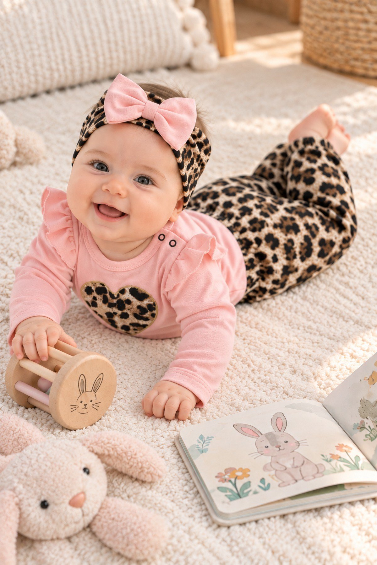 Kız Bebek Takımı Leopar Desenli 3'lü Kız Bebek Takımı Body-Alt ve Bandana Seti 0-12aylık