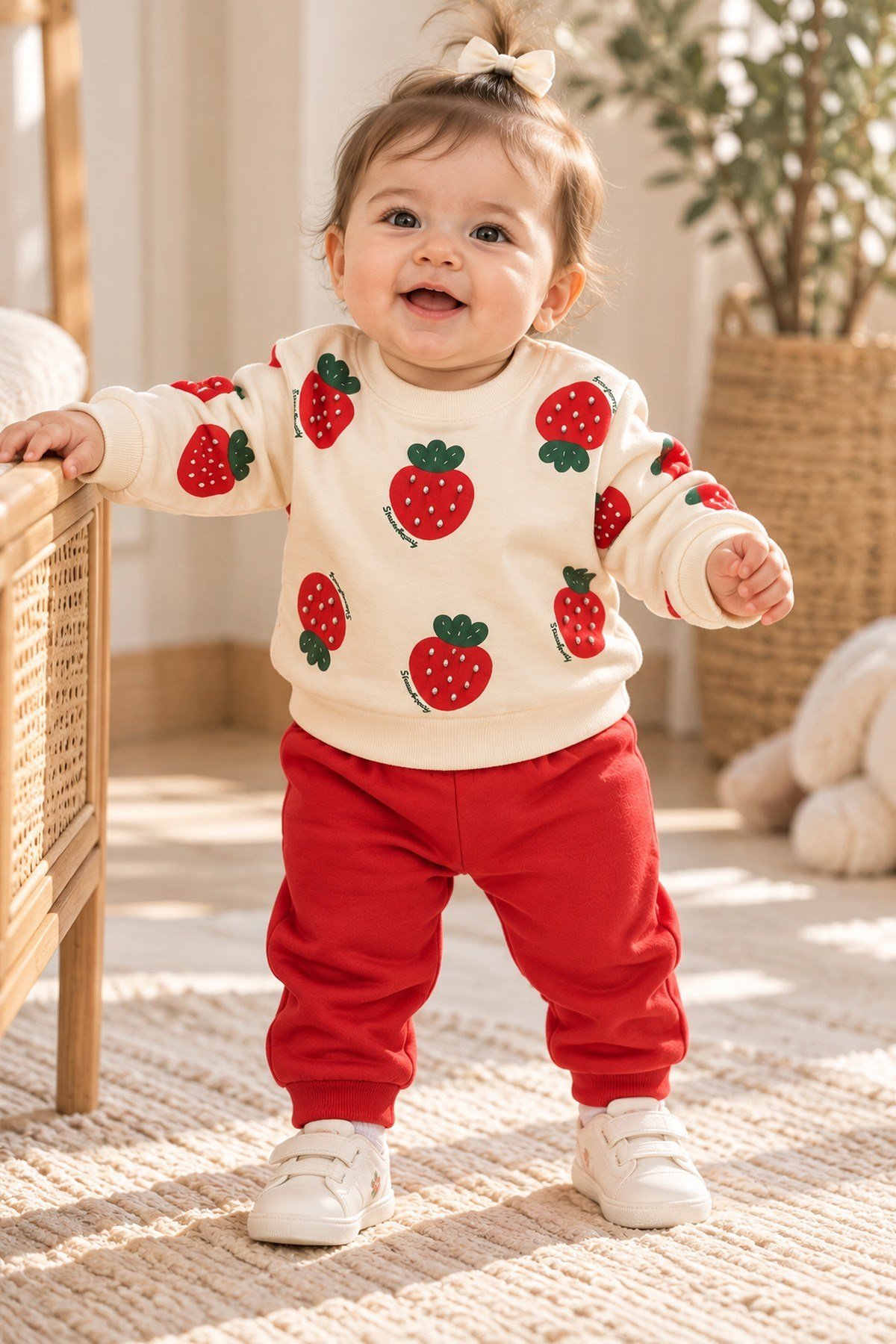 Kız Bebek Taşlı Çilek Baskılı  2'li Alt Üst Takım Sweatshirt ve Kırmızı Alt Eşofman 6-18ay