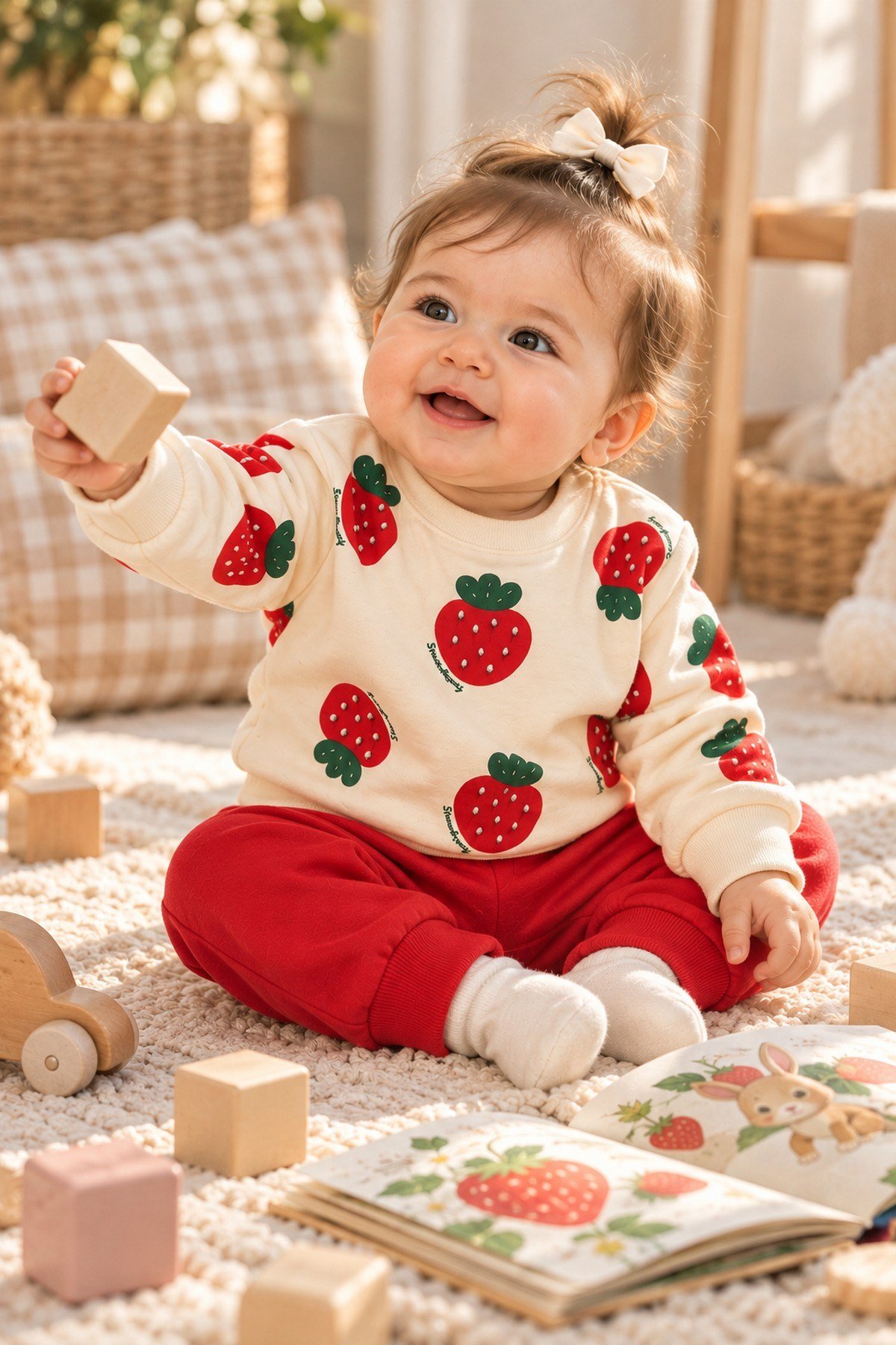 Kız Bebek Taşlı Çilek Baskılı  2'li Alt Üst Takım Sweatshirt ve Kırmızı Alt Eşofman 6-18ay