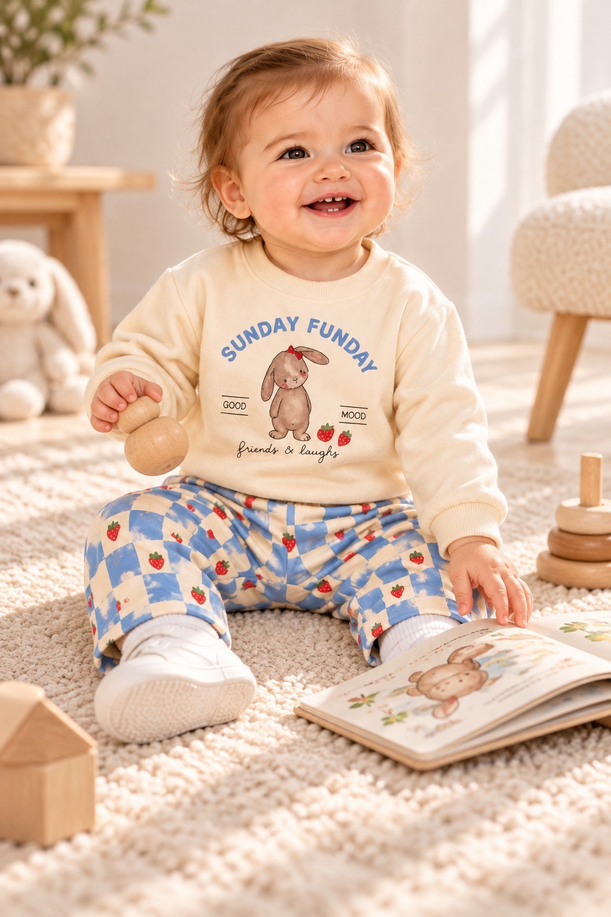 Kız Bebek Tavşan Baskılı Sweatshirt Çilek Kareli Eşofman 2'li Alt Üst Takım 9-24ay
