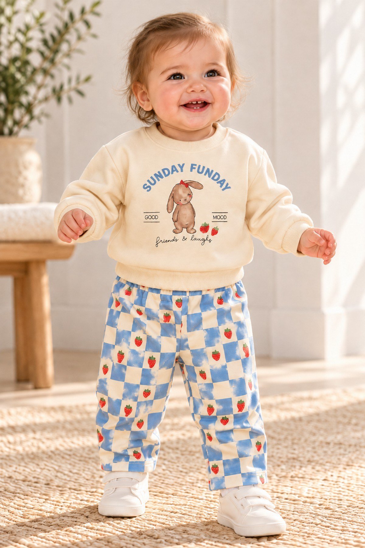 Kız Bebek Tavşan Baskılı Sweatshirt Çilek Kareli Eşofman 2'li Alt Üst Takım 9-24ay