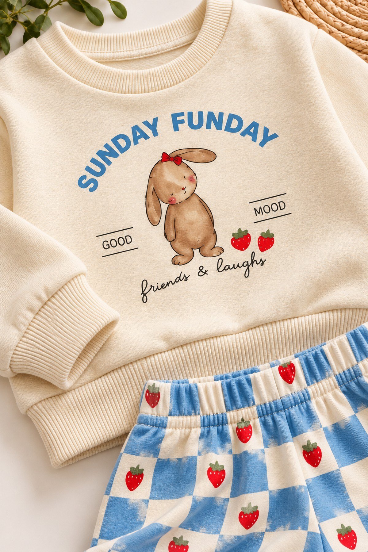 Kız Bebek Tavşan Baskılı Sweatshirt Çilek Kareli Eşofman 2'li Alt Üst Takım 9-24ay