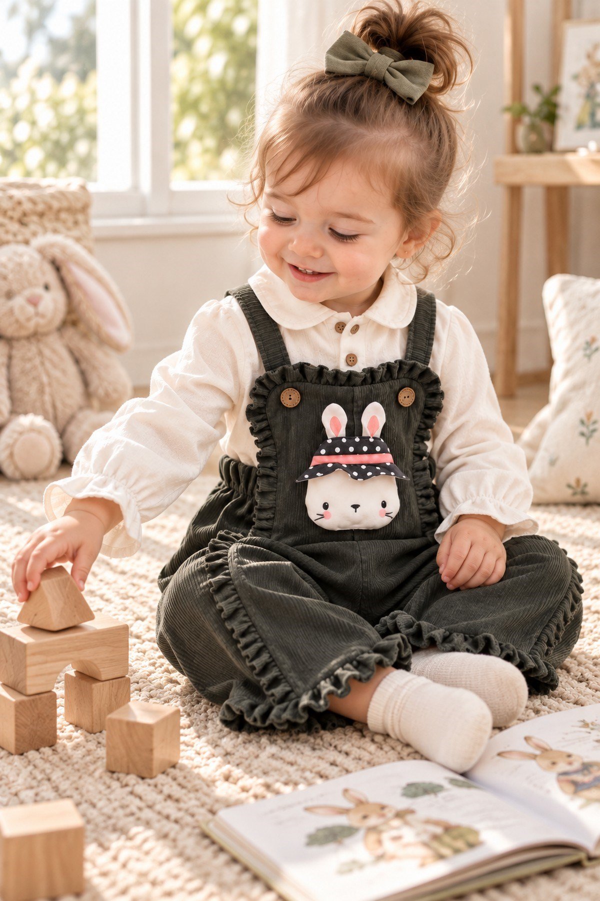 Kız Bebek Tavşanlı Kadife Salopet 2'li Takım Fırfır Detaylı Uzun Kollu Bluz 6-9-12-18-24ay
