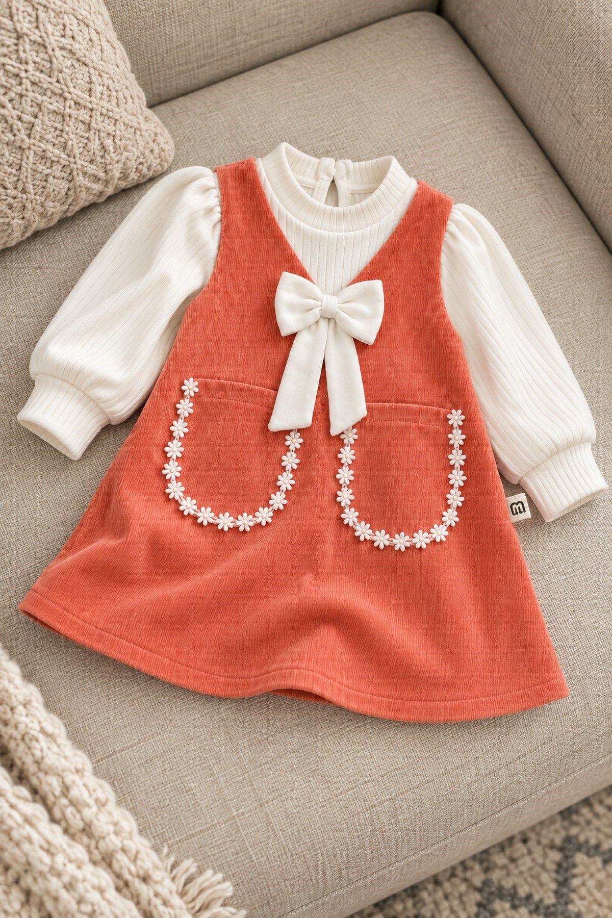 Kız Bebek Tül Kol Detaylı Kadife Elbise Fiyonklu Çiçek Detaylı Şık Elbise 6-9-12-18-24 Aylık