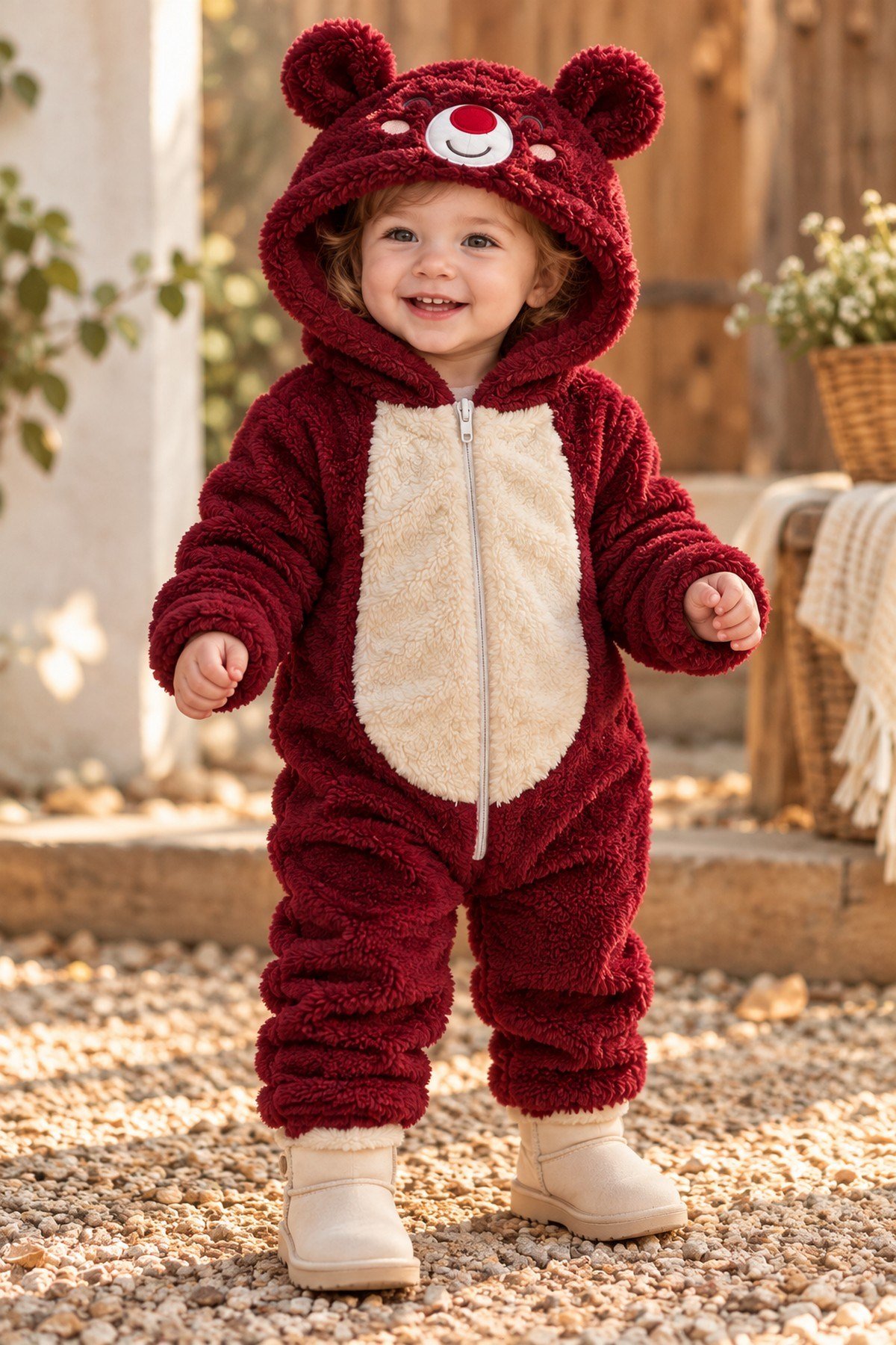 Kız Bebek Tulum Ayıcık Kapüşonlu Peluş Fermuarlı Welsoft Tek Parça Tulum 0-3-6-9-12ay