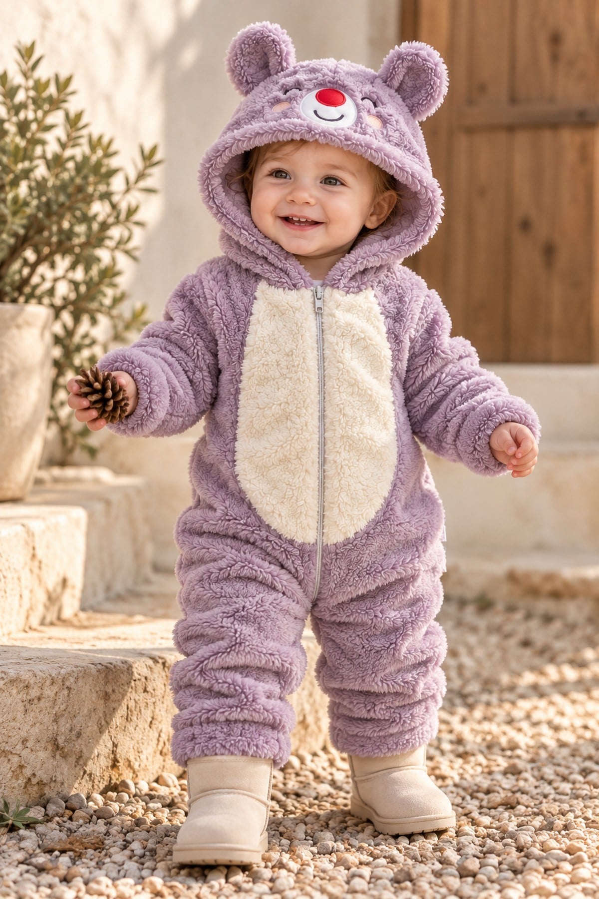 Kız Bebek Tulum Ayıcık Kapüşonlu Peluş Fermuarlı Welsoft Tek Parça Tulum 0-3-6-9-12ay