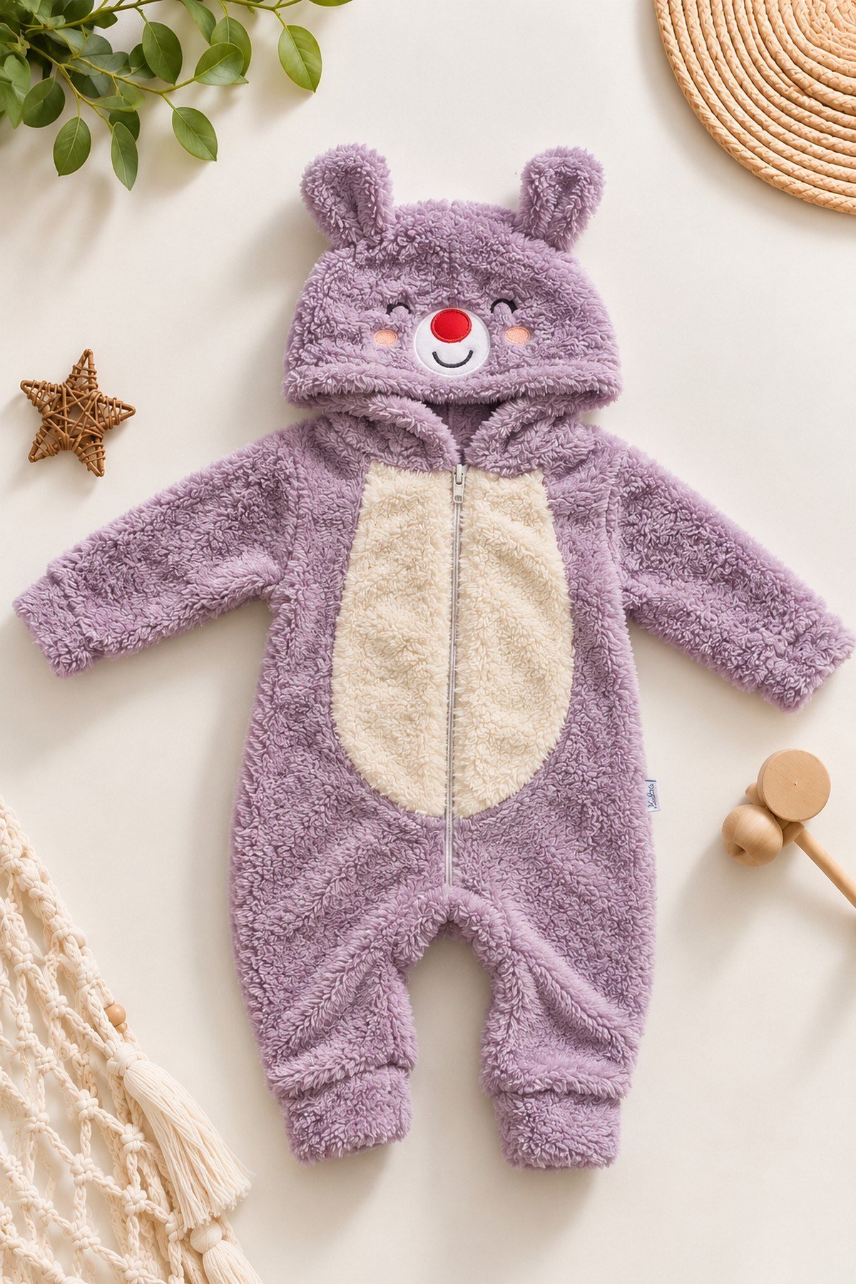 Kız Bebek Tulum Ayıcık Kapüşonlu Peluş Fermuarlı Welsoft Tek Parça Tulum 0-3-6-9-12ay