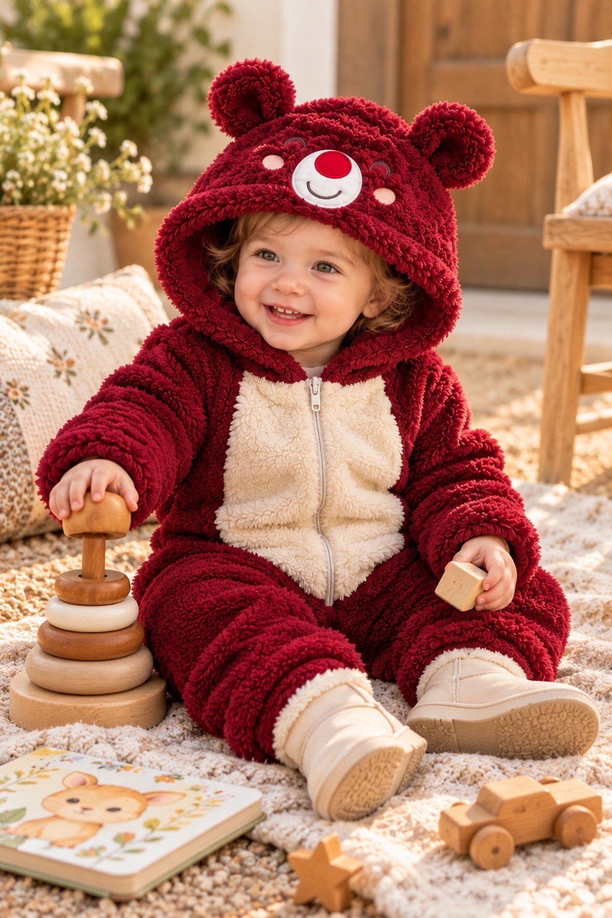 Kız Bebek Tulum Ayıcık Kapüşonlu Peluş Fermuarlı Welsoft Tek Parça Tulum 0-3-6-9-12ay