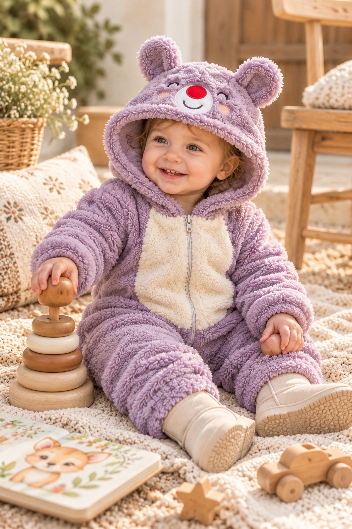 Kız Bebek Tulum Ayıcık Kapüşonlu Peluş Fermuarlı Welsoft Tek Parça Tulum 0-3-6-9-12ay