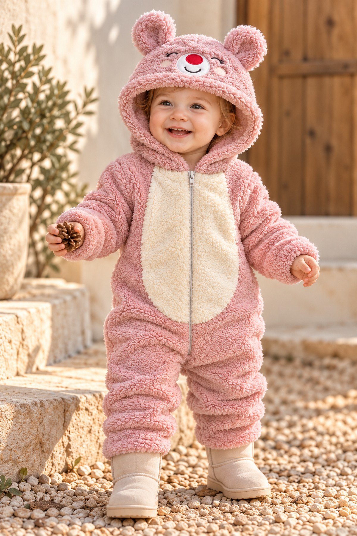 Kız Bebek Tulum Ayıcık Kapüşonlu Peluş Fermuarlı Welsoft Tek Parça Tulum 0-3-6-9-12ay