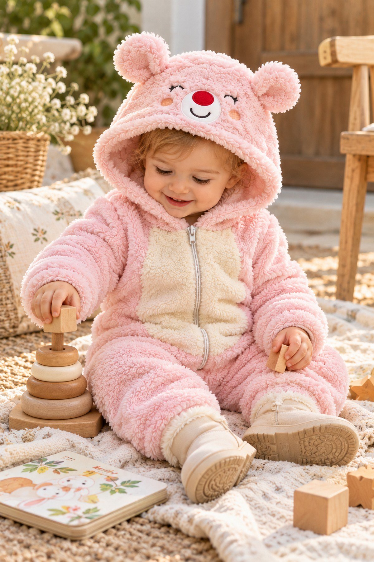 Kız Bebek Tulum Ayıcık Kapüşonlu Peluş Fermuarlı Welsoft Tek Parça Tulum 0-3-6-9-12ay