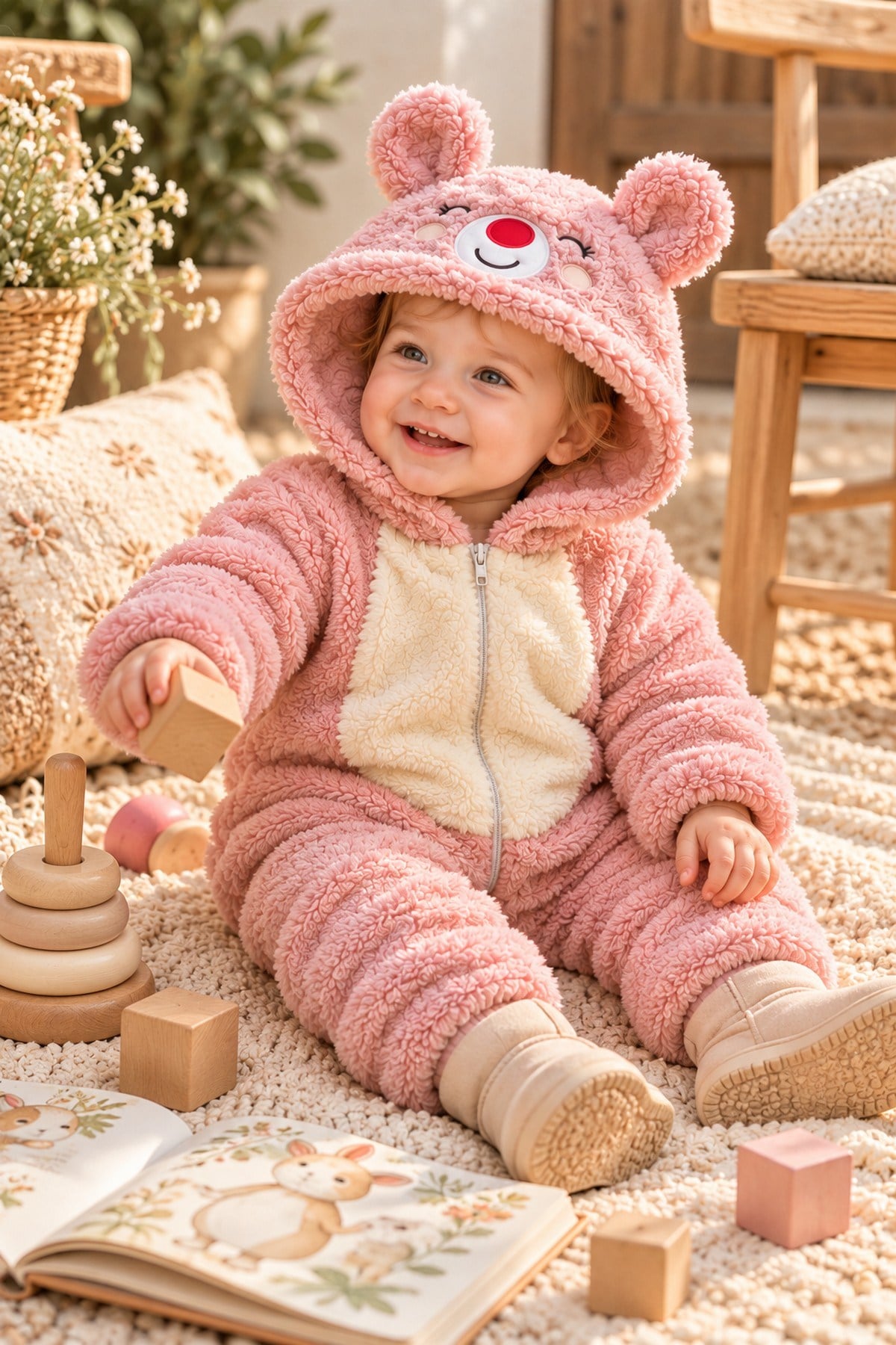 Kız Bebek Tulum Ayıcık Kapüşonlu Peluş Fermuarlı Welsoft Tek Parça Tulum 0-3-6-9-12ay
