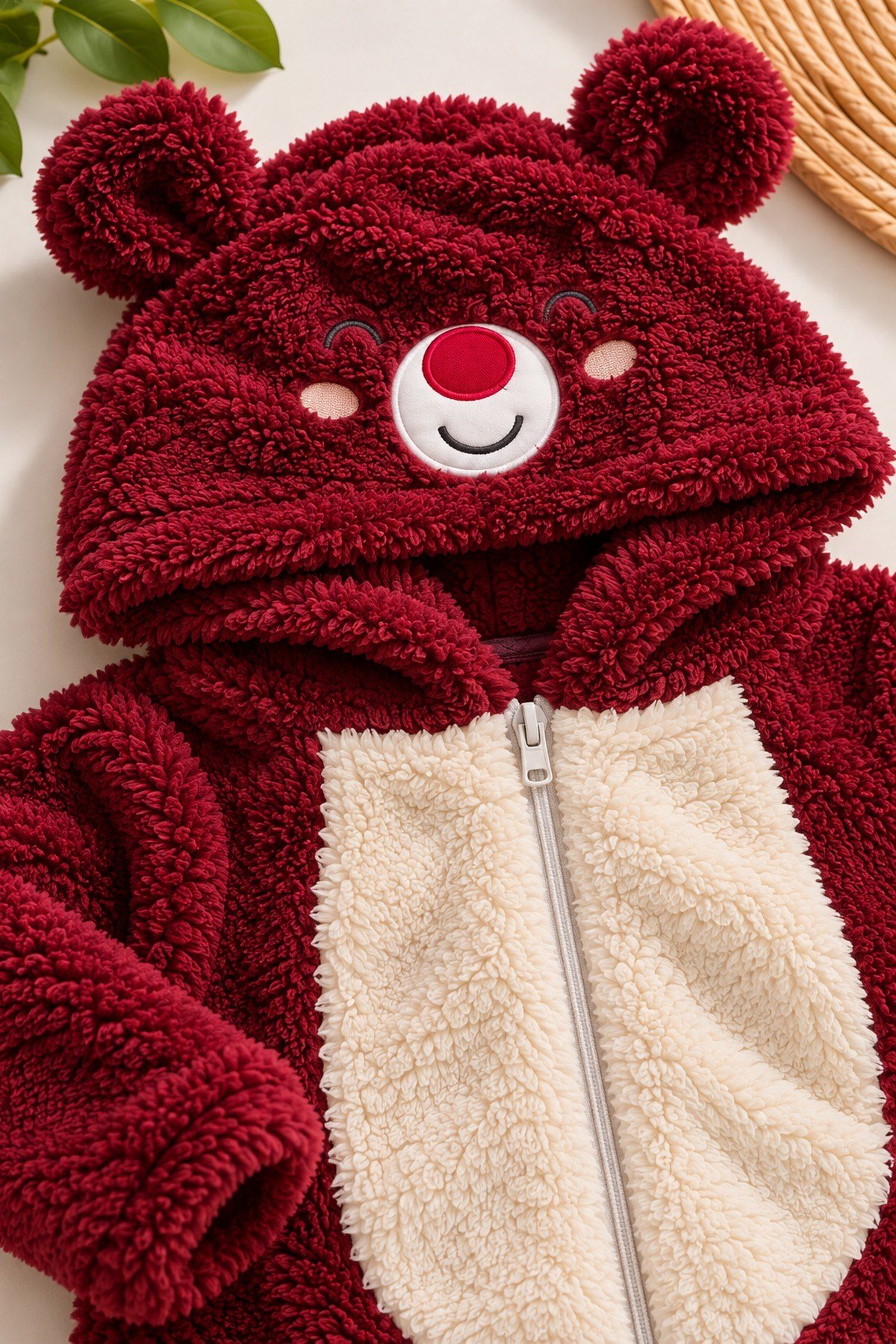 Kız Bebek Tulum Ayıcık Kapüşonlu Peluş Fermuarlı Welsoft Tek Parça Tulum 0-3-6-9-12ay
