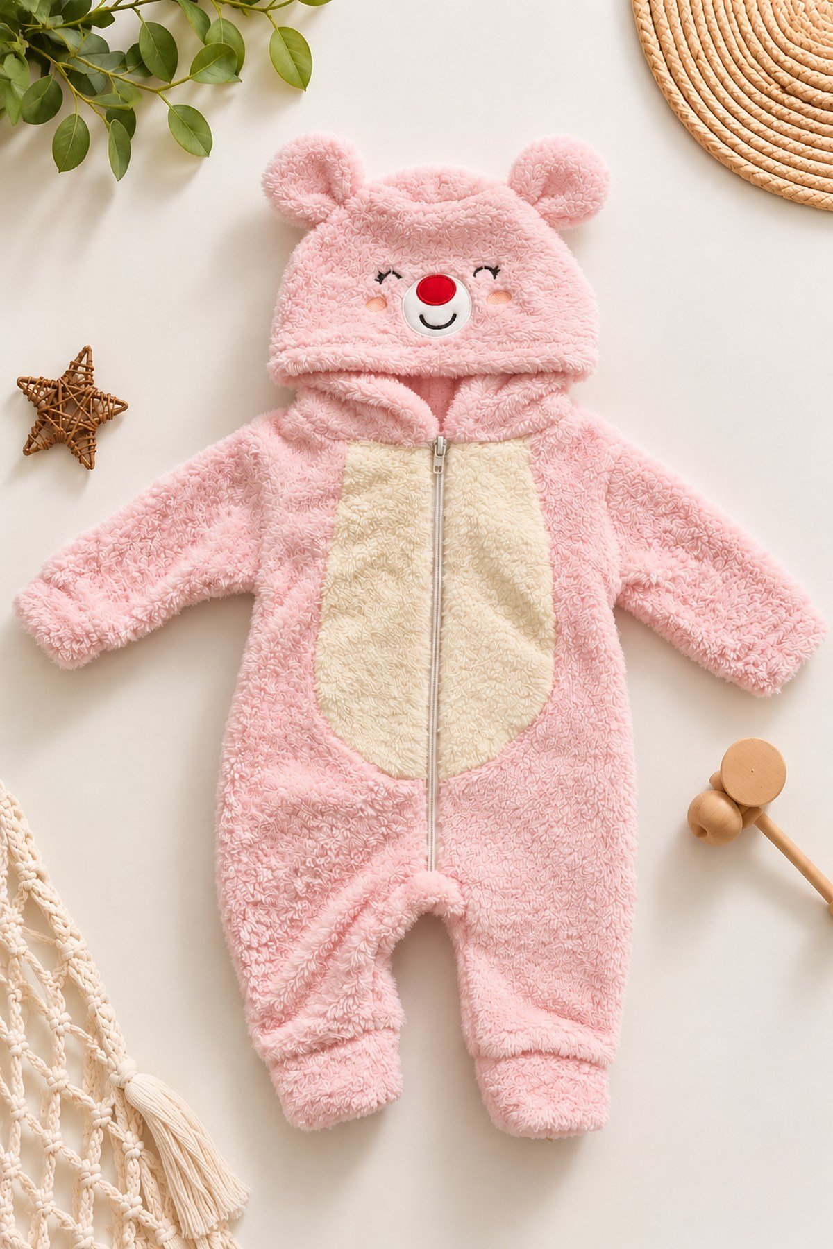 Kız Bebek Tulum Ayıcık Kapüşonlu Peluş Fermuarlı Welsoft Tek Parça Tulum 0-3-6-9-12ay