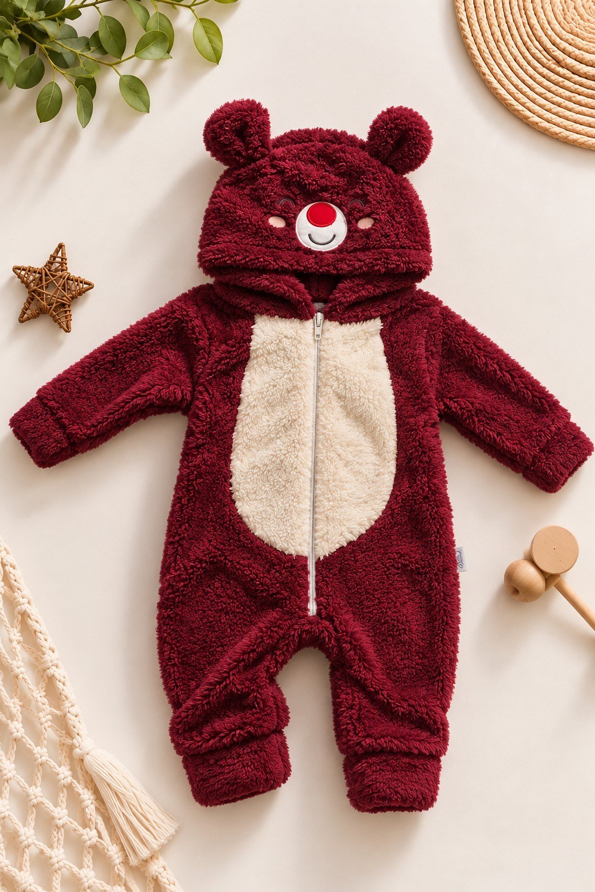 Kız Bebek Tulum Ayıcık Kapüşonlu Peluş Fermuarlı Welsoft Tek Parça Tulum 0-3-6-9-12ay