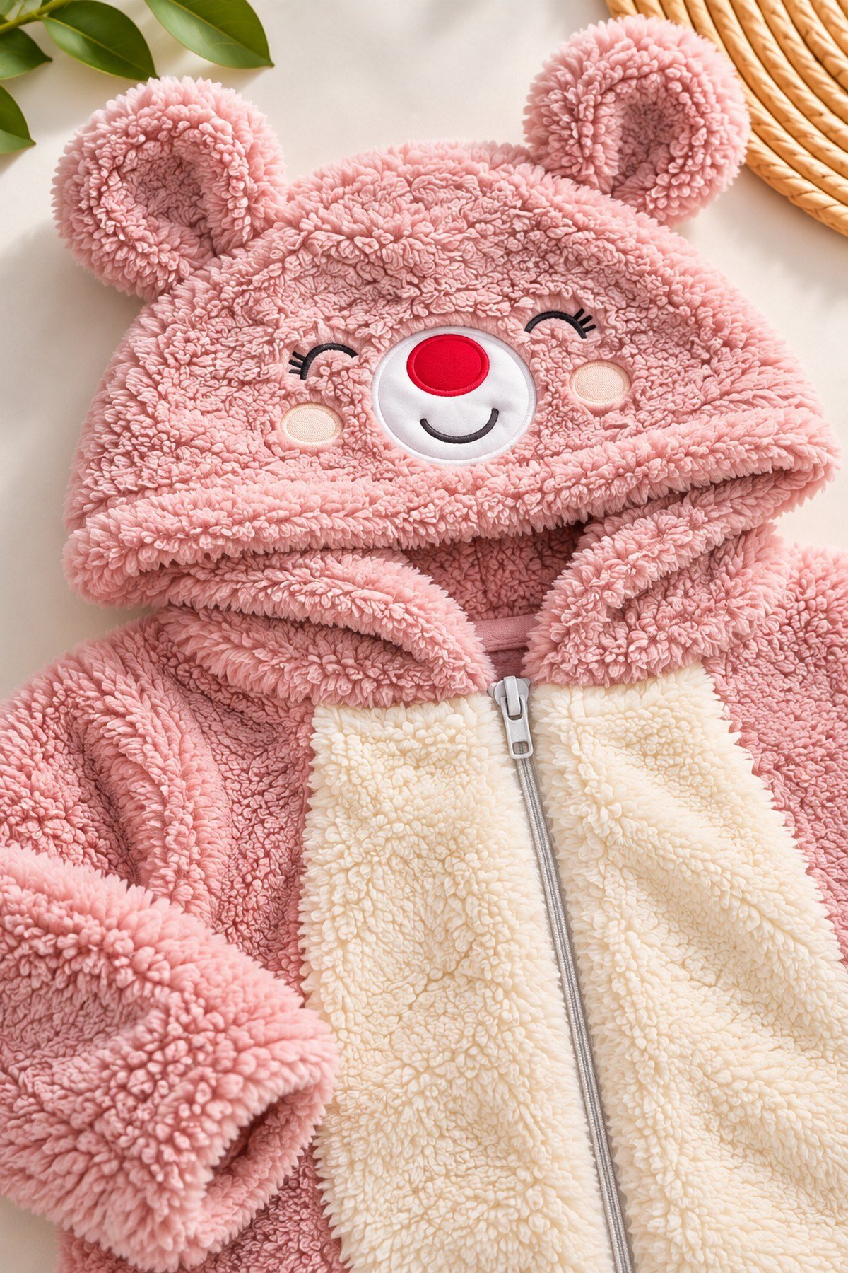 Kız Bebek Tulum Ayıcık Kapüşonlu Peluş Fermuarlı Welsoft Tek Parça Tulum 0-3-6-9-12ay