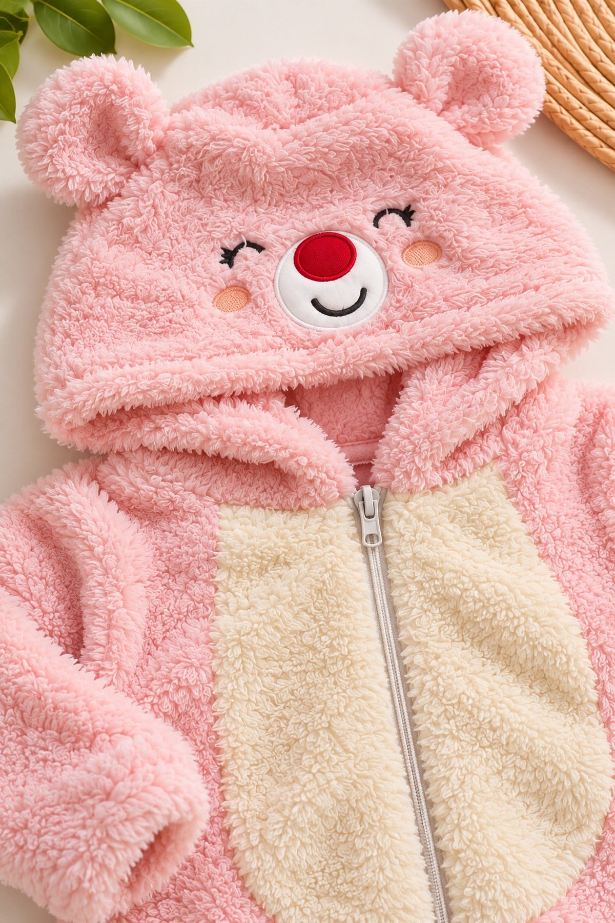 Kız Bebek Tulum Ayıcık Kapüşonlu Peluş Fermuarlı Welsoft Tek Parça Tulum 0-3-6-9-12ay