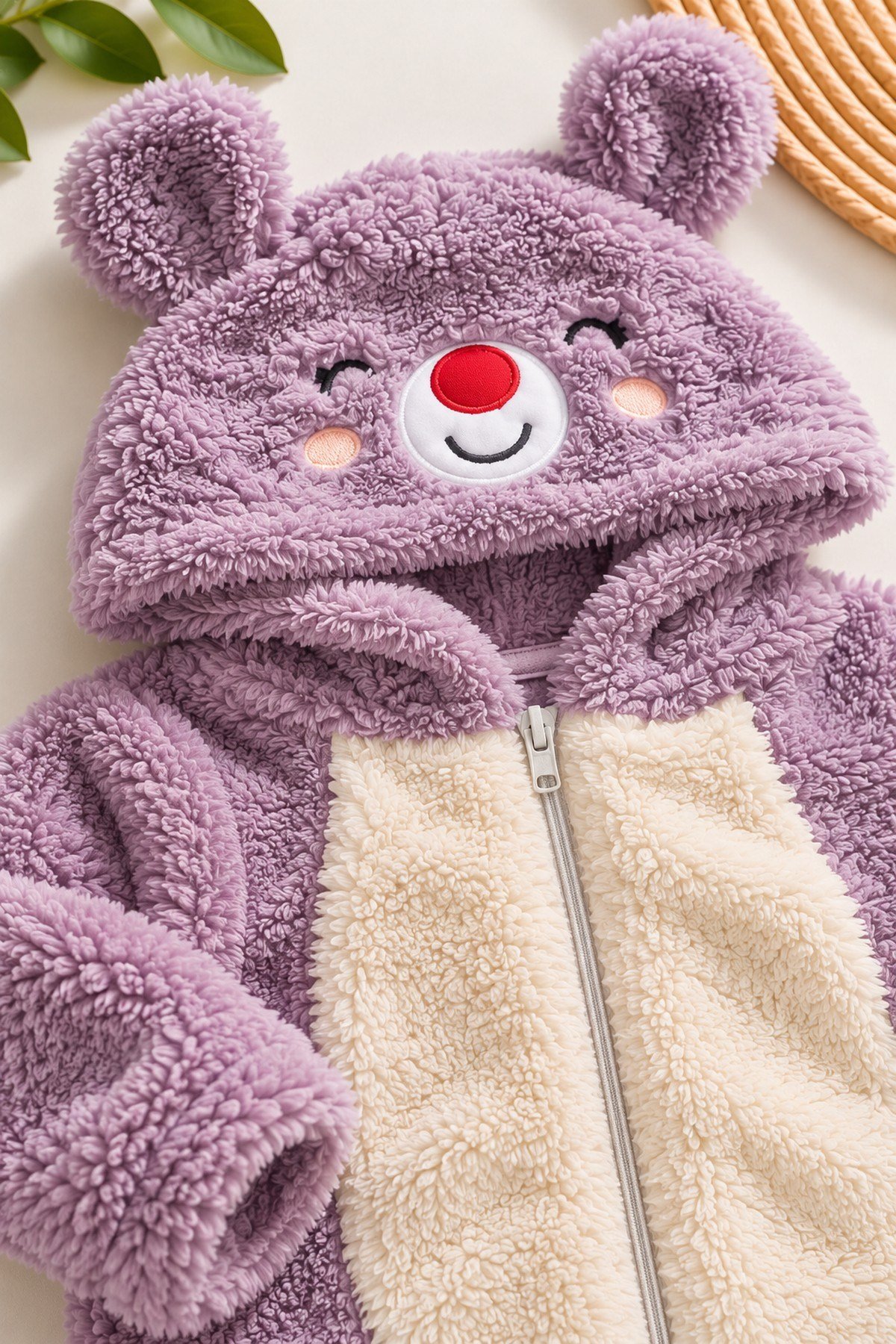 Kız Bebek Tulum Ayıcık Kapüşonlu Peluş Fermuarlı Welsoft Tek Parça Tulum 0-3-6-9-12ay