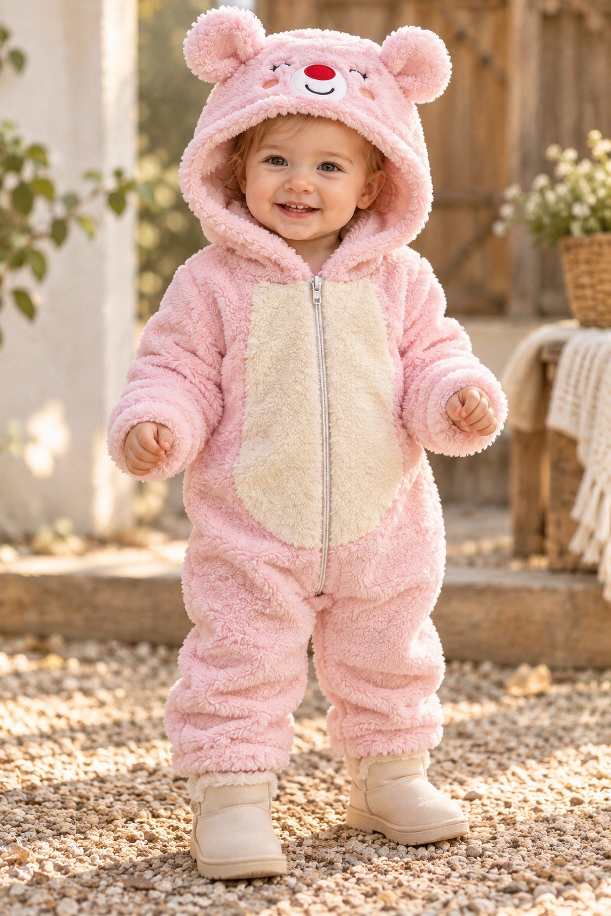 Kız Bebek Tulum Ayıcık Kapüşonlu Peluş Fermuarlı Welsoft Tek Parça Tulum 0-3-6-9-12ay