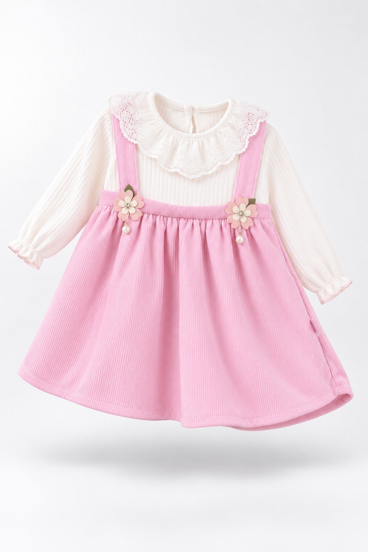 Kız Bebek Vintage Bebe Yakalı, Fitilli Çiçek Aksesuarlı Elbise l l 6-9-12-18-24 Ay Elbise