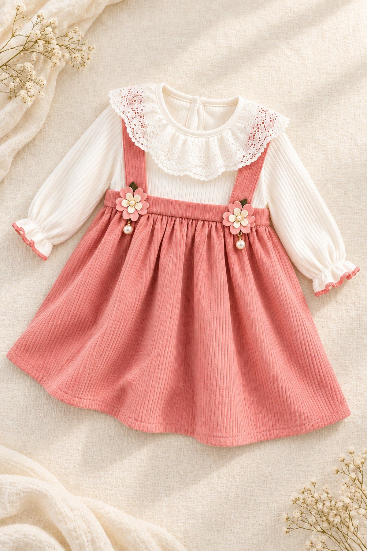 Kız Bebek Vintage Bebe Yakalı, Fitilli Çiçek Aksesuarlı Elbise l l 6-9-12-18-24 Ay Elbise