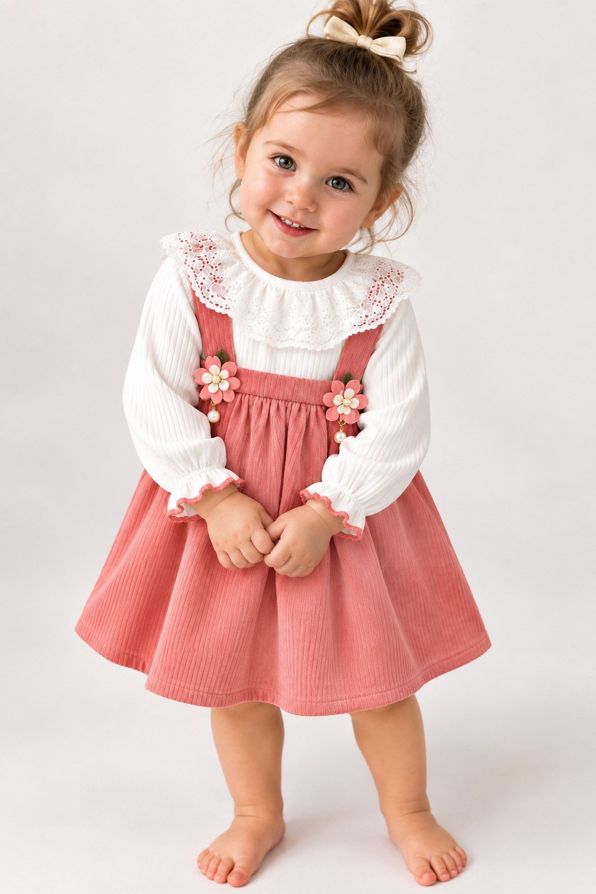 Kız Bebek Vintage Bebe Yakalı, Fitilli Çiçek Aksesuarlı Elbise l l 6-9-12-18-24 Ay Elbise