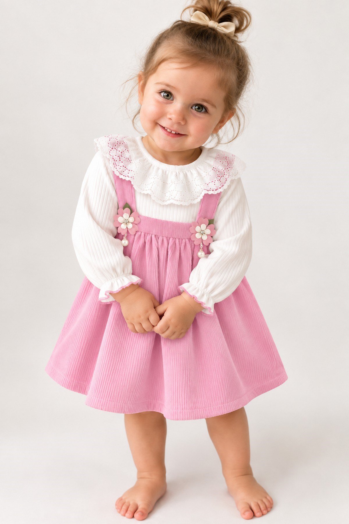 Kız Bebek Vintage Bebe Yakalı, Fitilli Çiçek Aksesuarlı Elbise l l 6-9-12-18-24 Ay Elbise