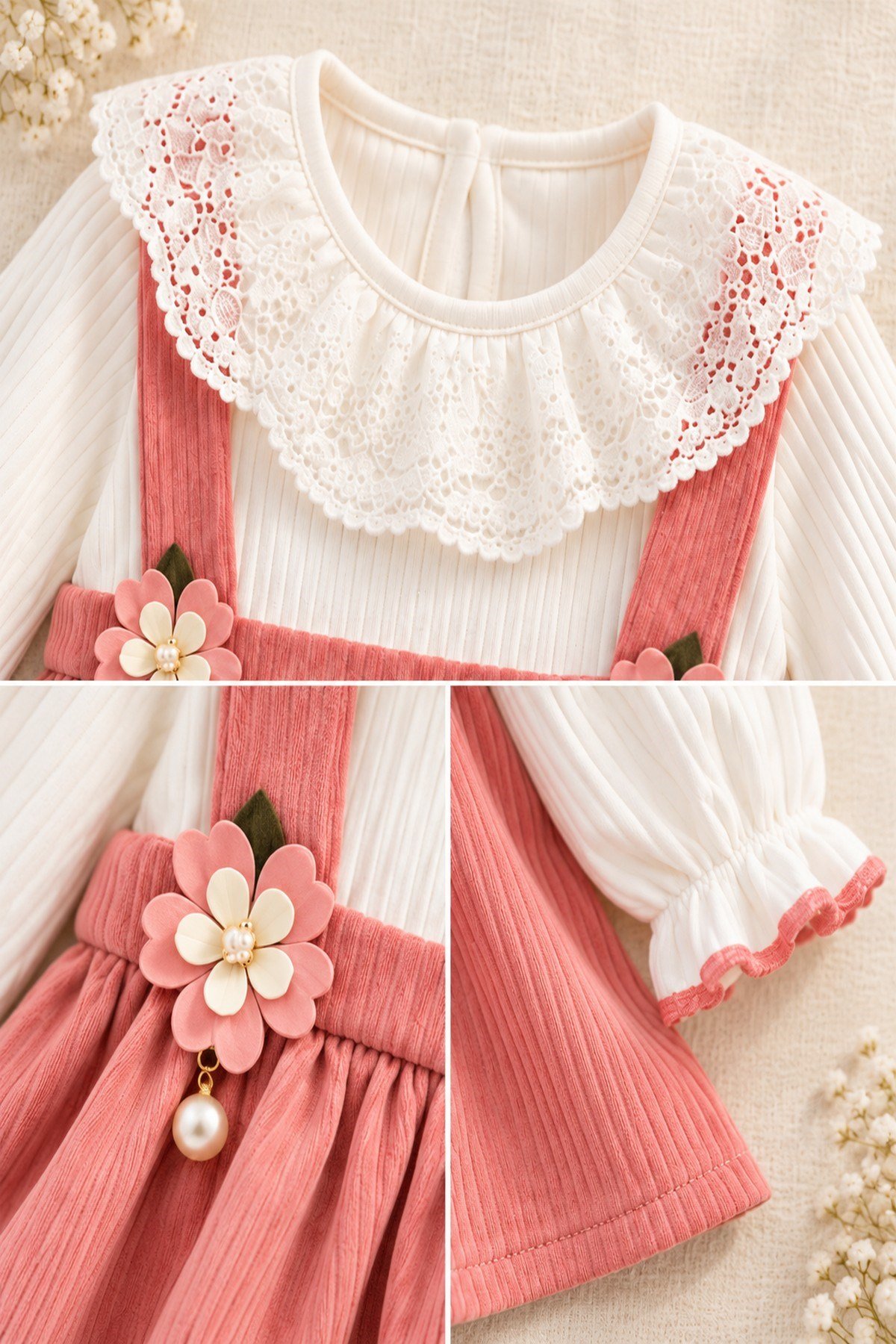 Kız Bebek Vintage Bebe Yakalı, Fitilli Çiçek Aksesuarlı Elbise l l 6-9-12-18-24 Ay Elbise