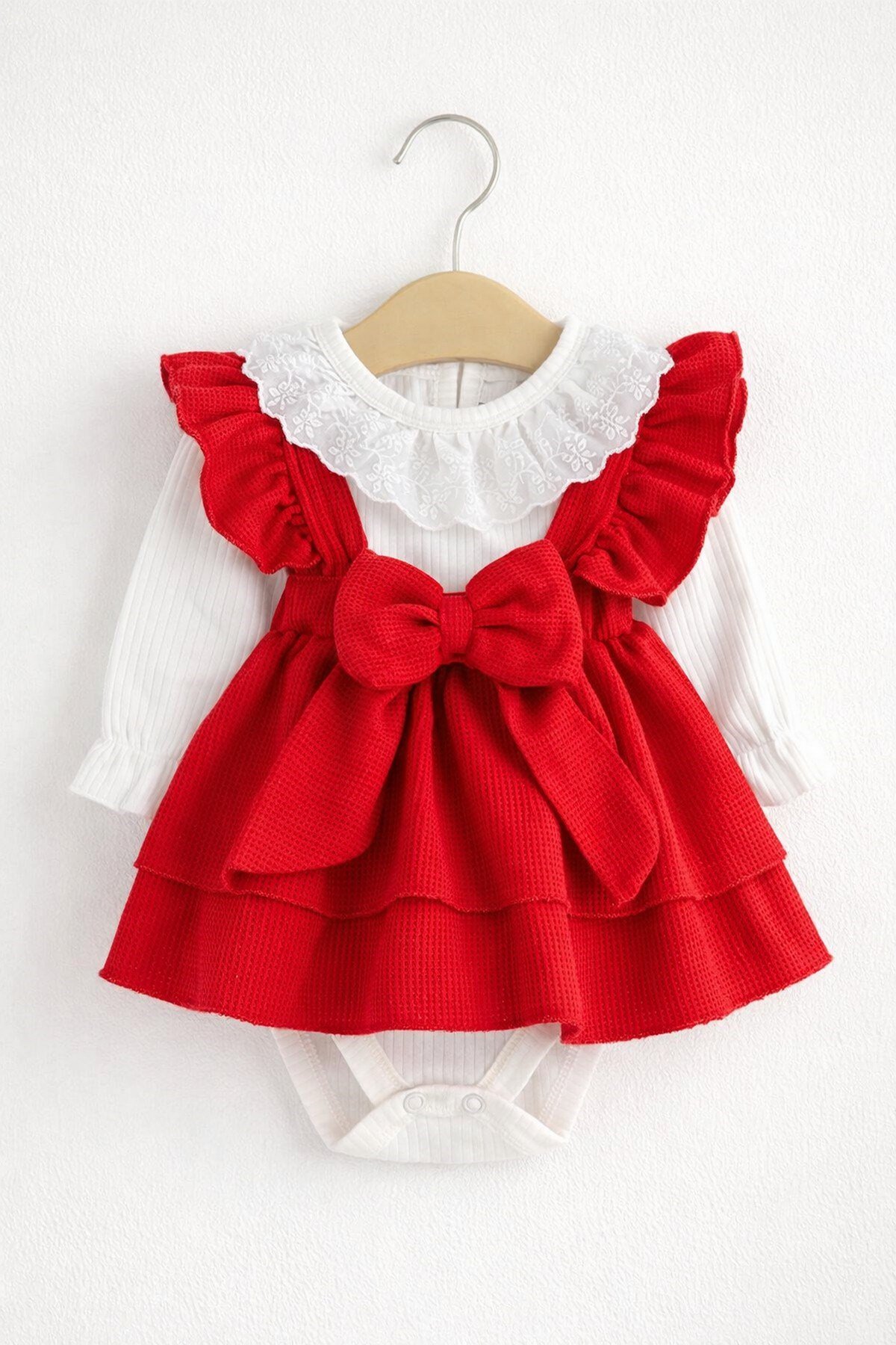 Kız Bebek Waffle Kumaş Fiyonklu Elbise & Dantelli Badi 2'li Takım 0-3-6-9-12Ay Bayramlık Şık Elbise