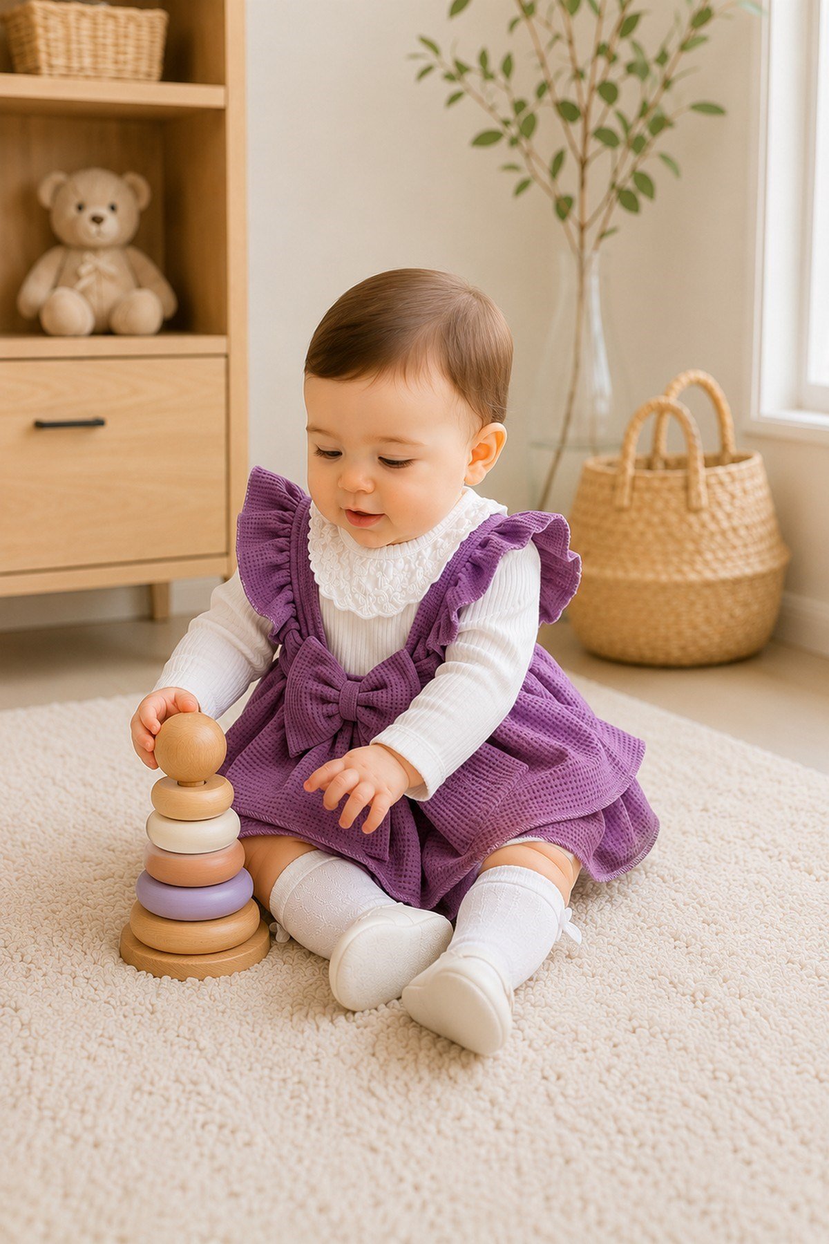 Kız Bebek Waffle Kumaş Fiyonklu Elbise & Dantelli Badi 2'li Takım 0-3-6-9-12Ay Bayramlık Şık Elbise