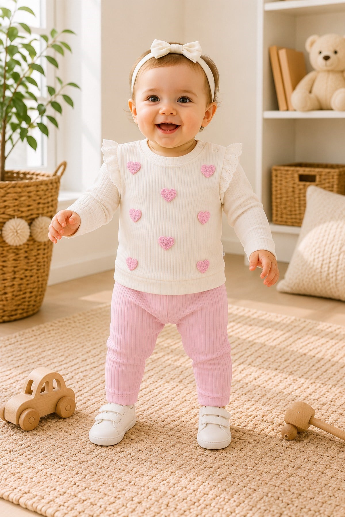 Kız Bebek/Çocuk Kalp Nakışlı Omuzdan Çıtçıtlı Love Bebek Takımı 2li Alt Üst Mevsimlik 3-6-9-12Aylık