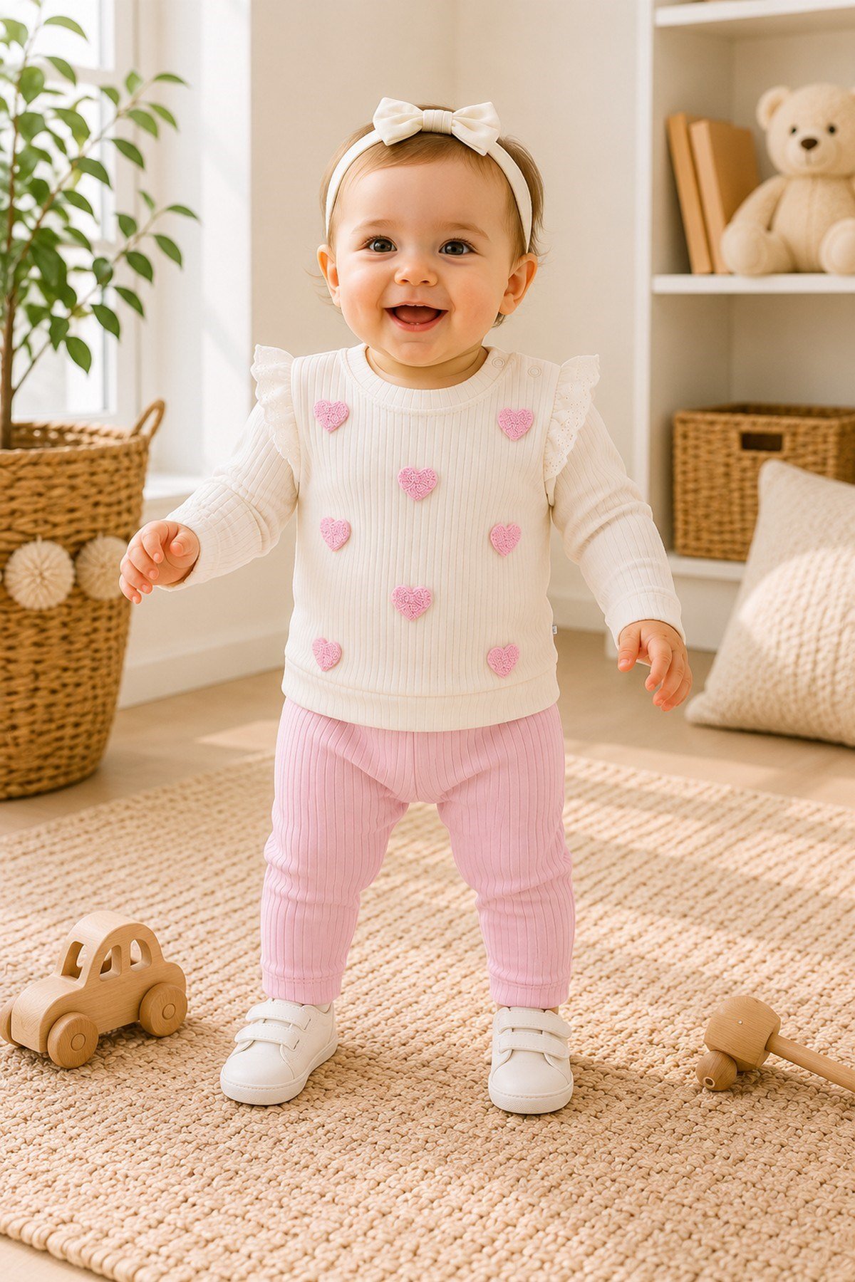 Kız Bebek/Çocuk Kalp Nakışlı Omuzdan Çıtçıtlı Love Bebek Takımı 2li Alt Üst Mevsimlik 3-6-9-12Aylık