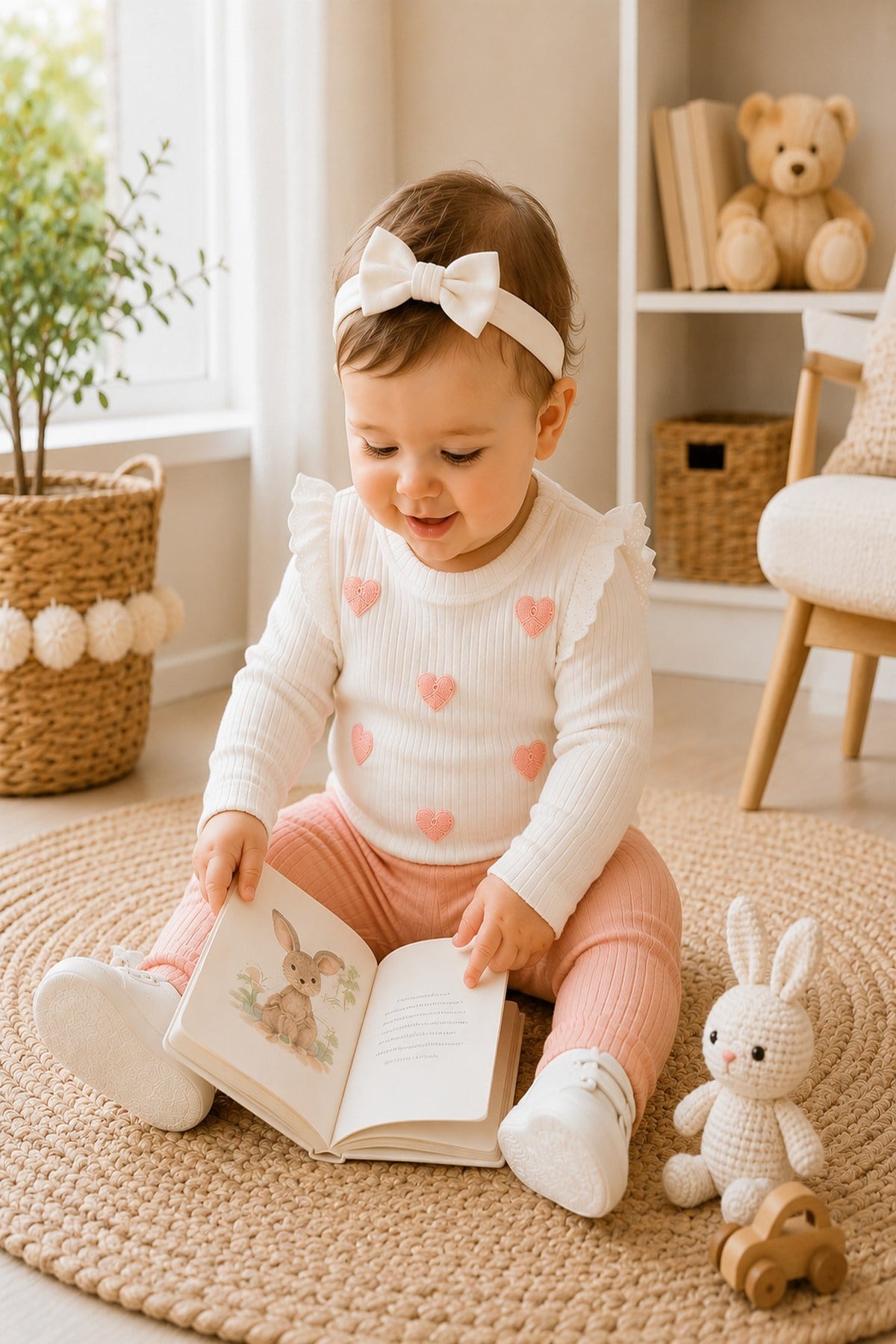 Kız Bebek/Çocuk Kalp Nakışlı Omuzdan Çıtçıtlı Love Bebek Takımı 2li Alt Üst Mevsimlik 3-6-9-12Aylık