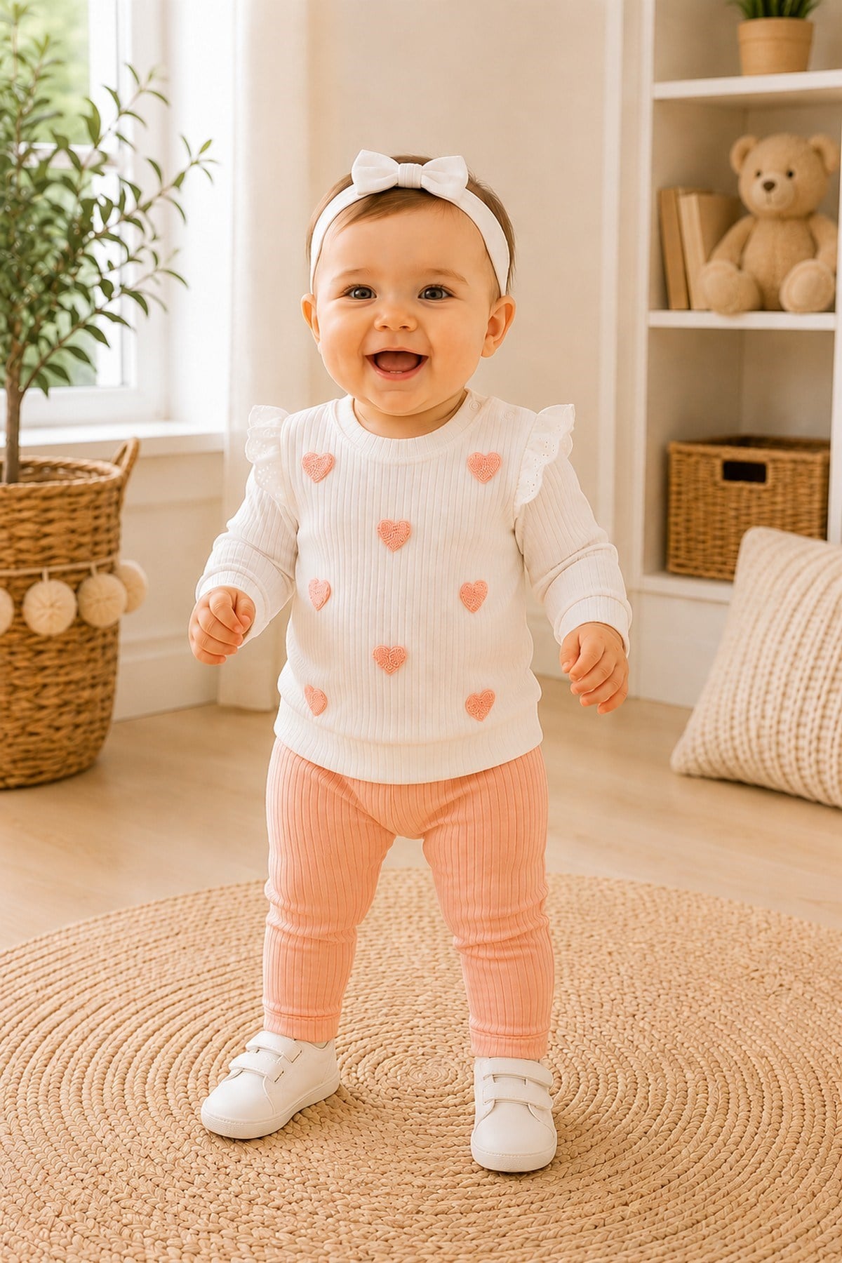 Kız Bebek/Çocuk Kalp Nakışlı Omuzdan Çıtçıtlı Love Bebek Takımı 2li Alt Üst Mevsimlik 3-6-9-12Aylık