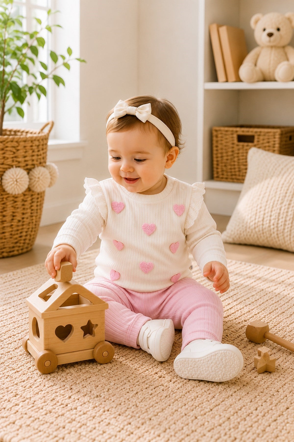 Kız Bebek/Çocuk Kalp Nakışlı Omuzdan Çıtçıtlı Love Bebek Takımı 2li Alt Üst Mevsimlik 3-6-9-12Aylık