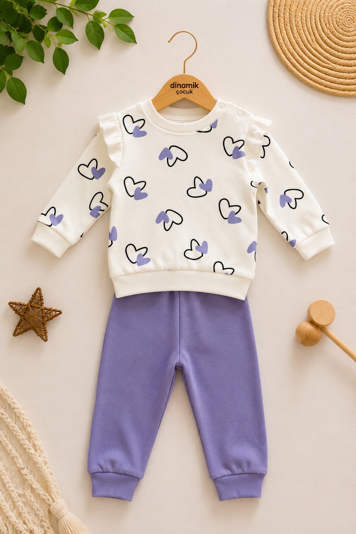 Kız Bebek/Çocuk Kalpli Omuzdan Çıtçıtlı Bebek Takımı 2li Alt Üst Mevsimlik Aylık 3-6-9-12ay