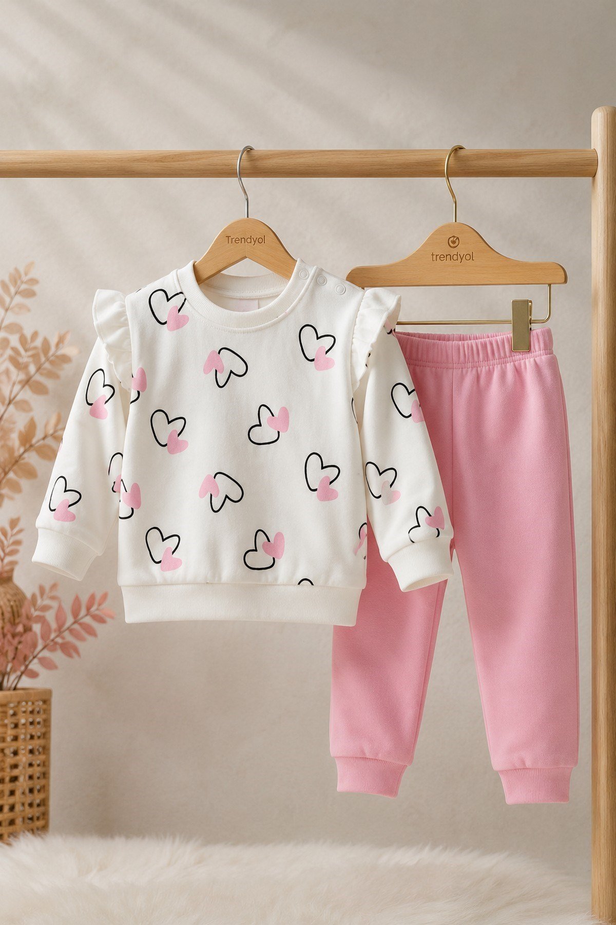 Kız Bebek/Çocuk Kalpli Omuzdan Çıtçıtlı Bebek Takımı 2li Alt Üst Mevsimlik Aylık 3-6-9-12ay