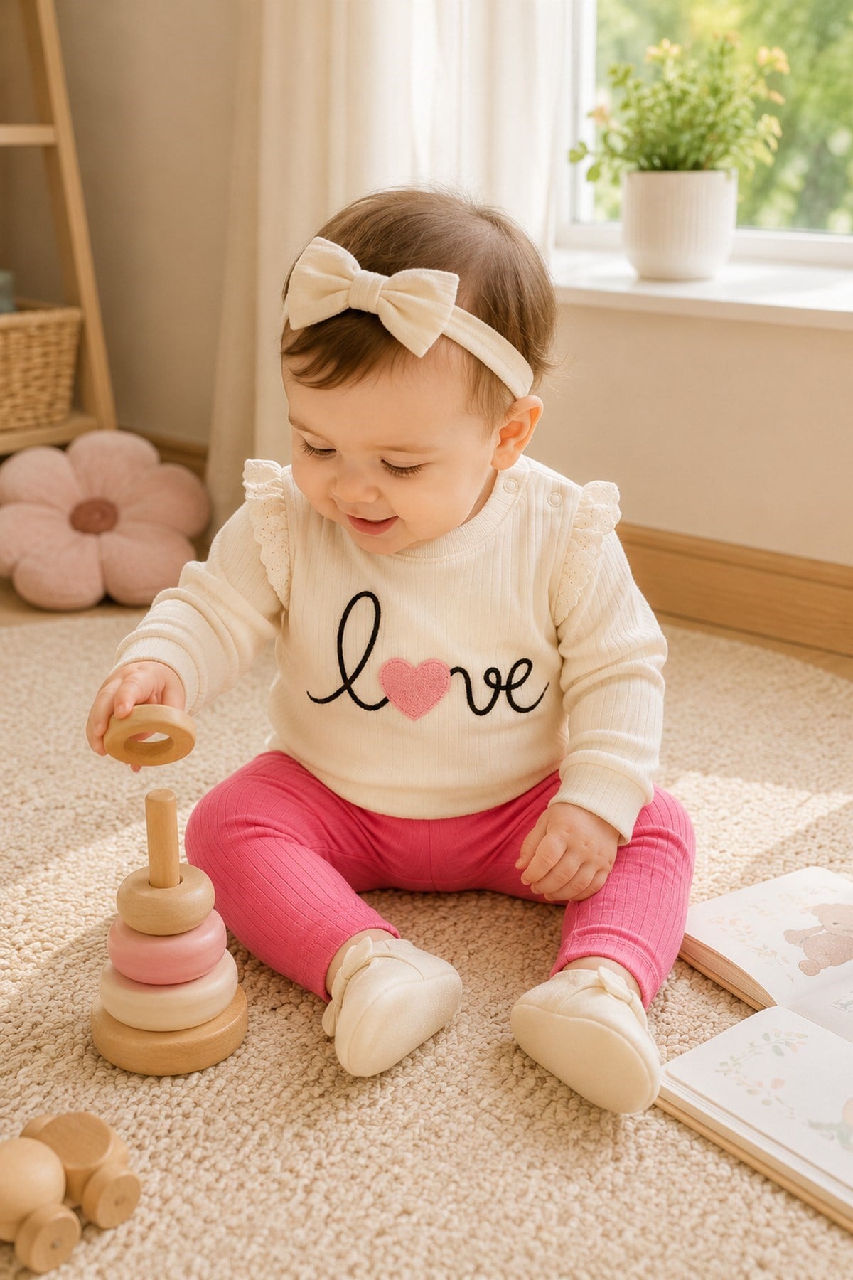 Kız Bebek/Çocuk Love Kalp Nakışlı Omuzdan Çıtçıtlı Bebek Takımı 2li Alt Üst Mevsimlik Aylık 3-6-9-12