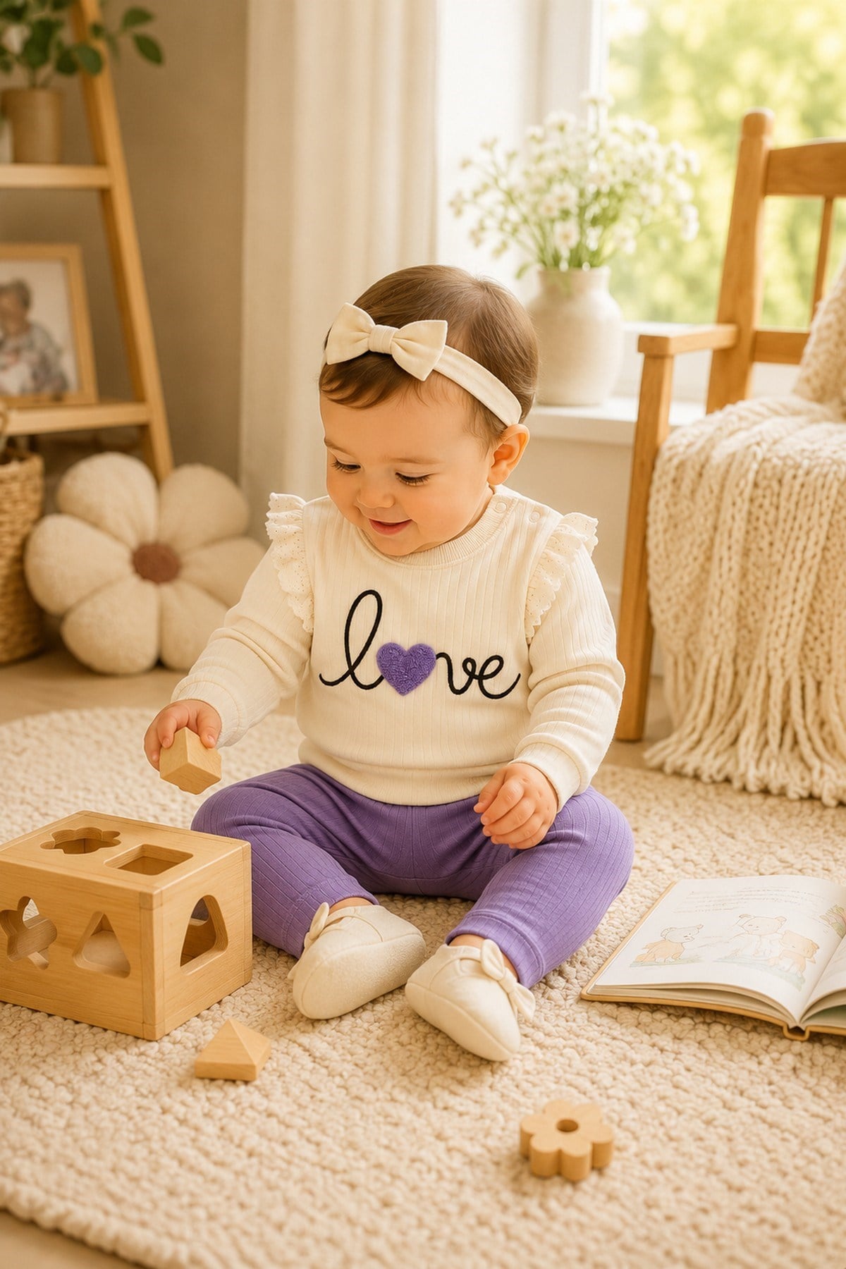 Kız Bebek/Çocuk Love Kalp Nakışlı Omuzdan Çıtçıtlı Bebek Takımı 2li Alt Üst Mevsimlik Aylık 3-6-9-12