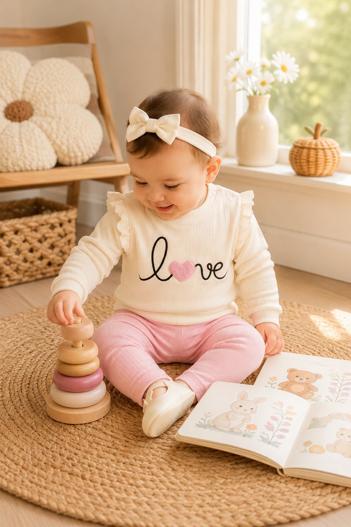 Kız Bebek/Çocuk Love Kalp Nakışlı Omuzdan Çıtçıtlı Bebek Takımı 2li Alt Üst Mevsimlik Aylık 3-6-9-12