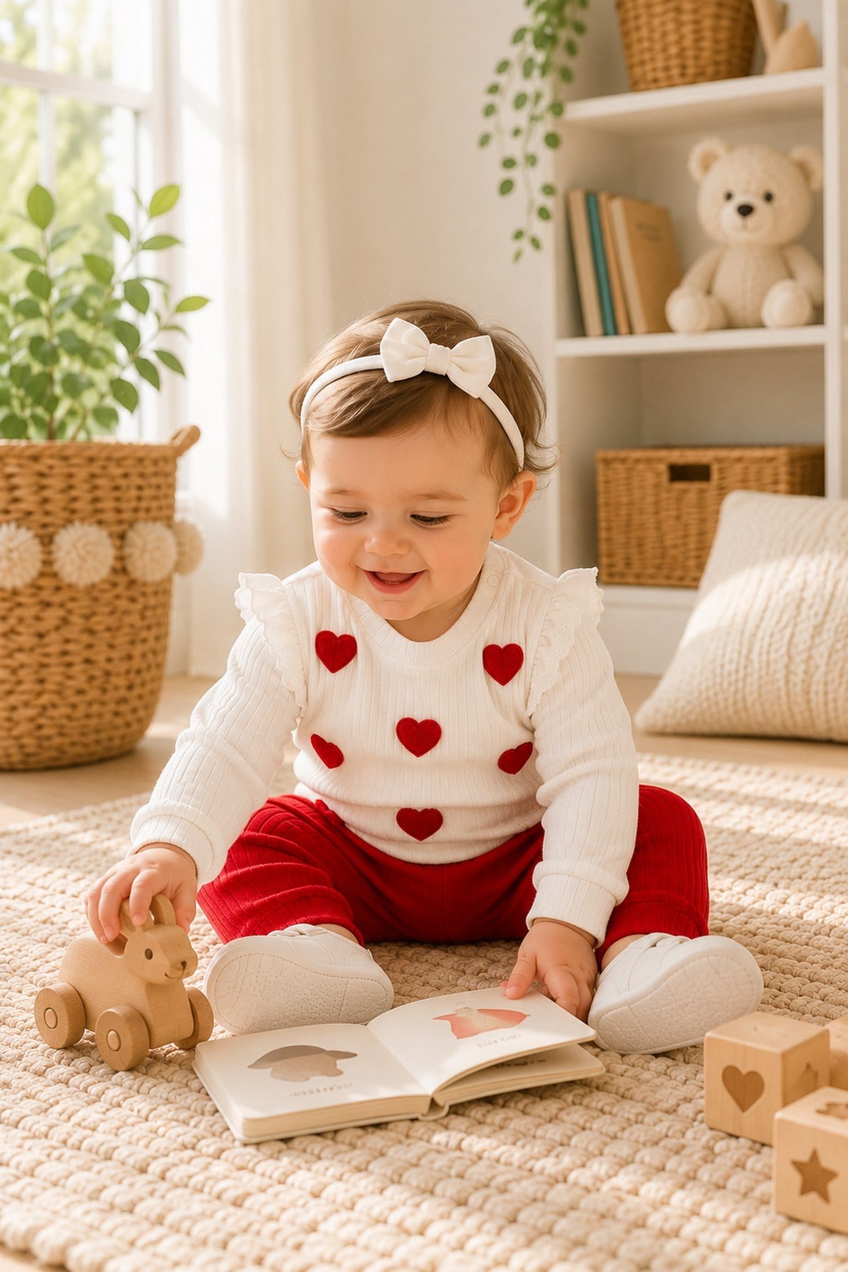 Kız Bebek/Çocuk Love Kalp Nakışlı Omuzdan Çıtçıtlı Bebek Takımı 2li Alt Üst Mevsimlik Aylık 3-6-9-12