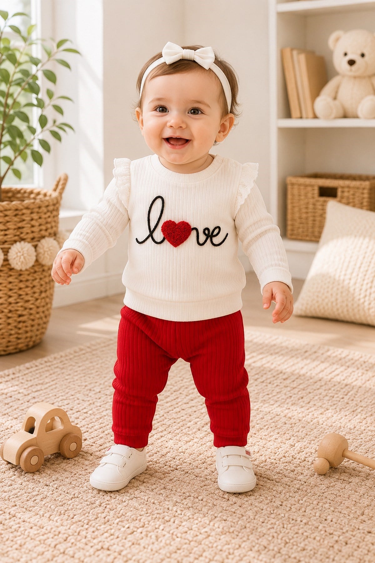 Kız Bebek/Çocuk Love Kalp Nakışlı Omuzdan Çıtçıtlı Bebek Takımı 2li Alt Üst Mevsimlik Aylık 3-6-9-12