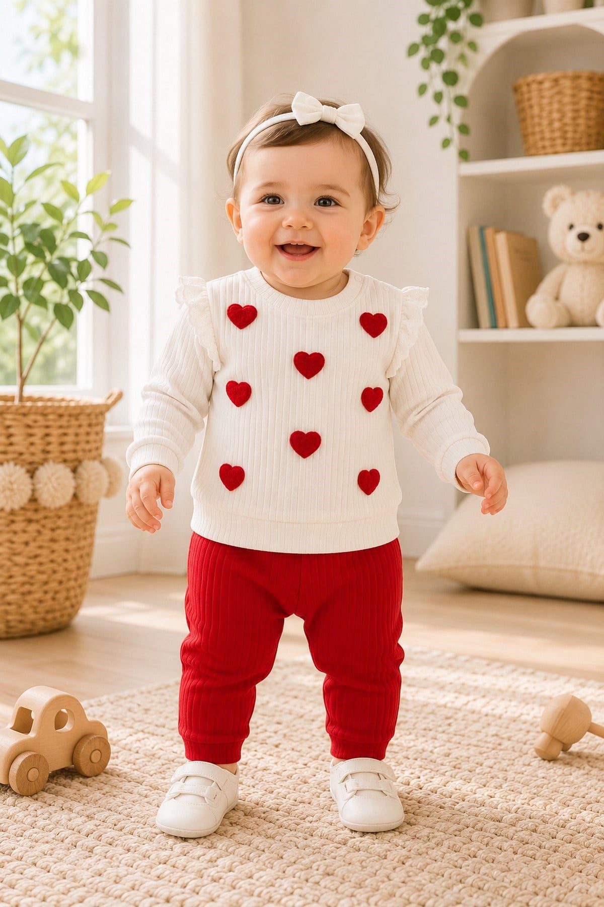 Kız Bebek/Çocuk Love Kalp Nakışlı Omuzdan Çıtçıtlı Bebek Takımı 2li Alt Üst Mevsimlik Aylık 3-6-9-12