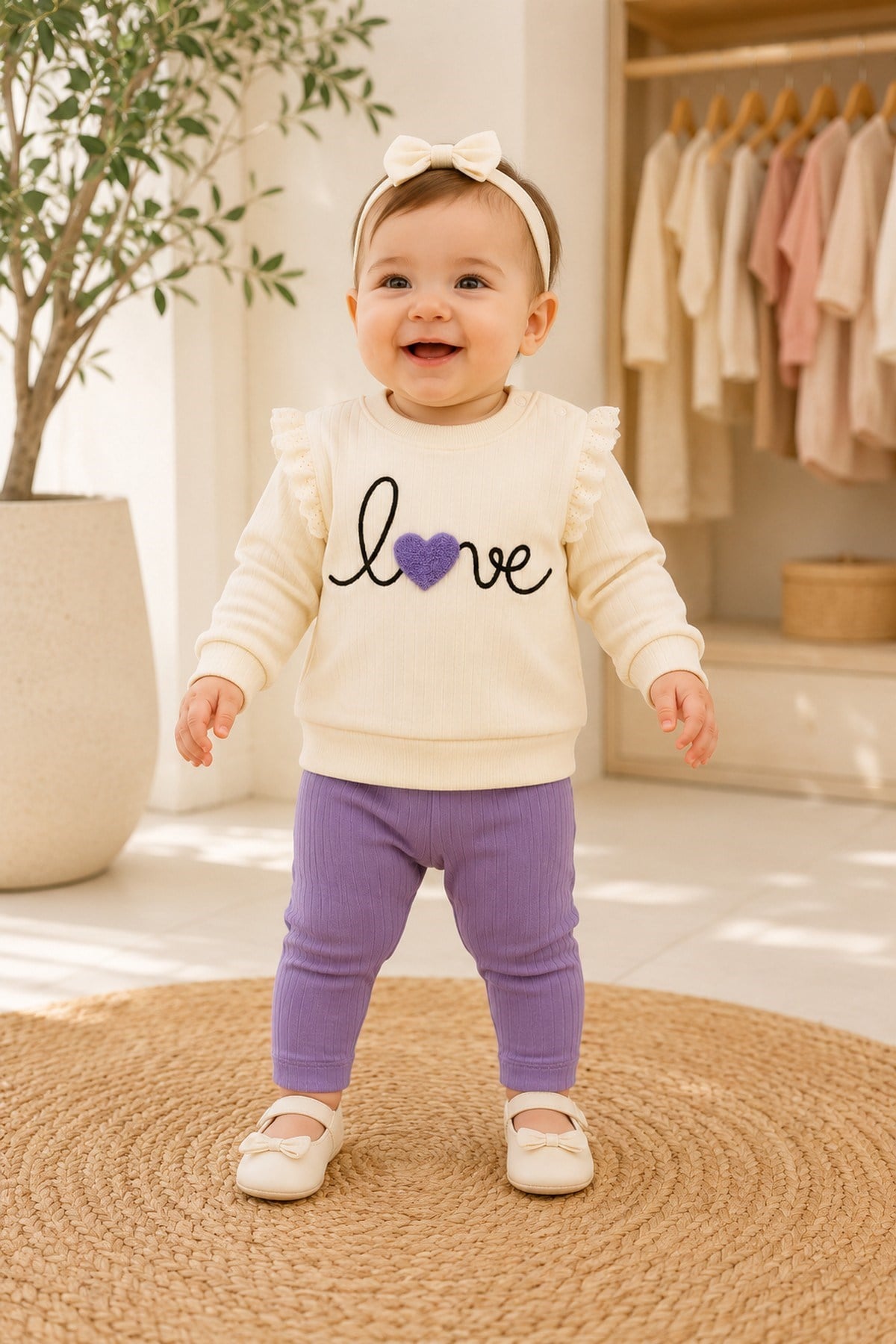 Kız Bebek/Çocuk Love Kalp Nakışlı Omuzdan Çıtçıtlı Bebek Takımı 2li Alt Üst Mevsimlik Aylık 3-6-9-12