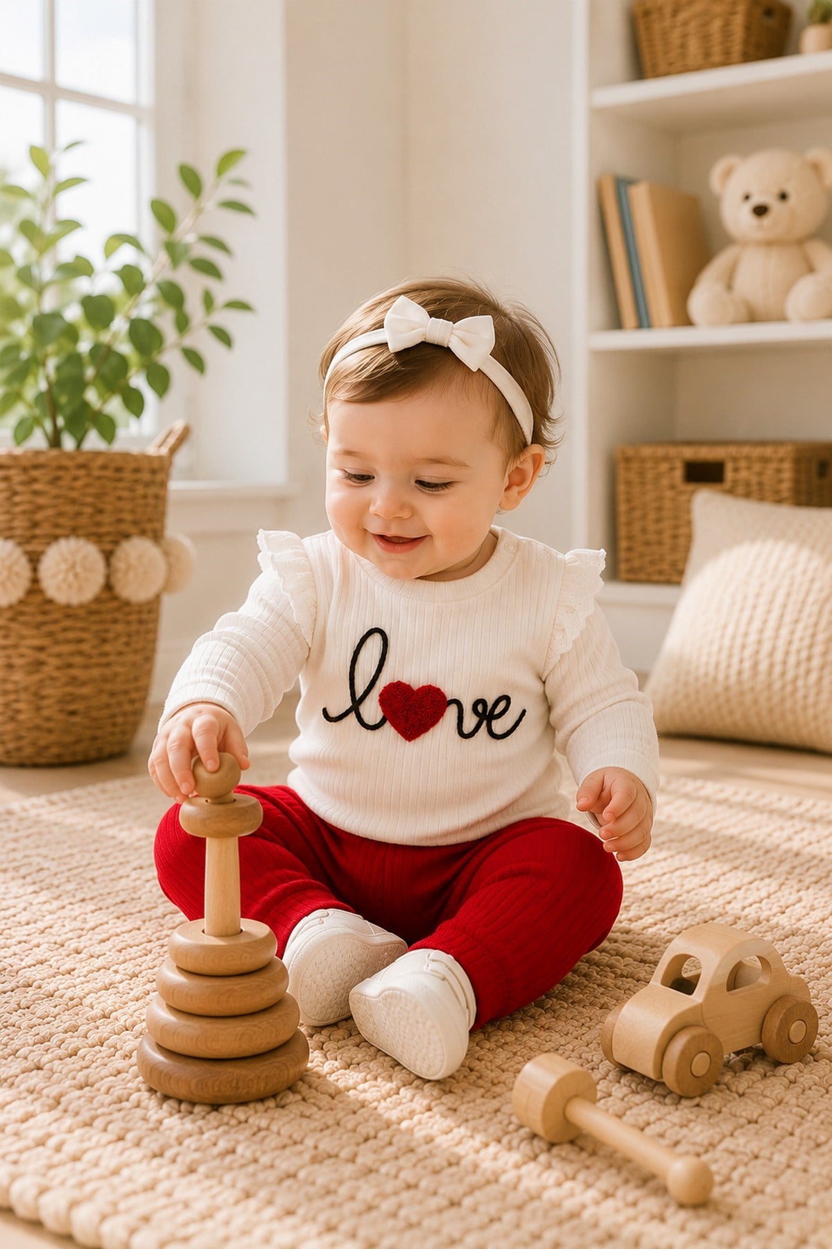 Kız Bebek/Çocuk Love Kalp Nakışlı Omuzdan Çıtçıtlı Bebek Takımı 2li Alt Üst Mevsimlik Aylık 3-6-9-12