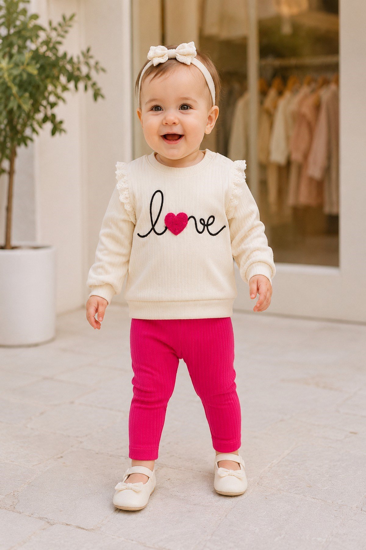 Kız Bebek/Çocuk Love Kalp Nakışlı Omuzdan Çıtçıtlı Bebek Takımı 2li Alt Üst Mevsimlik Aylık 3-6-9-12