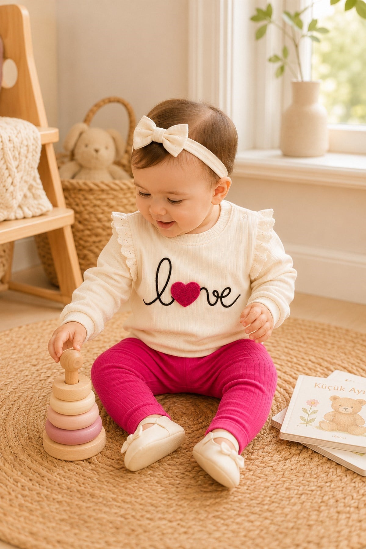 Kız Bebek/Çocuk Love Kalp Nakışlı Omuzdan Çıtçıtlı Bebek Takımı 2li Alt Üst Mevsimlik Aylık 3-6-9-12