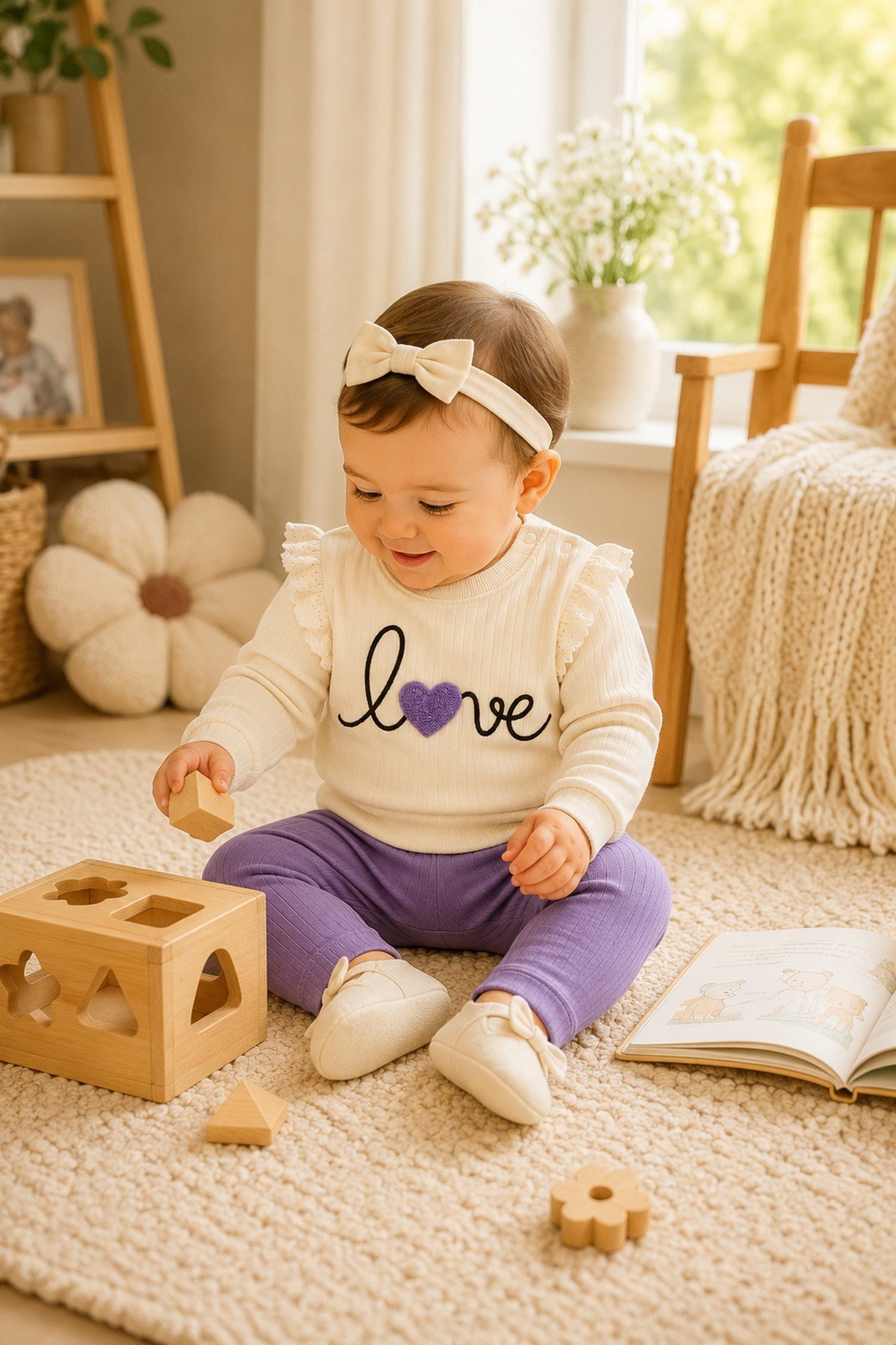 Kız Bebek/Çocuk Love Kalp Nakışlı Omuzdan Çıtçıtlı Bebek Takımı 2li Alt Üst Mevsimlik Aylık 3-6-9-12