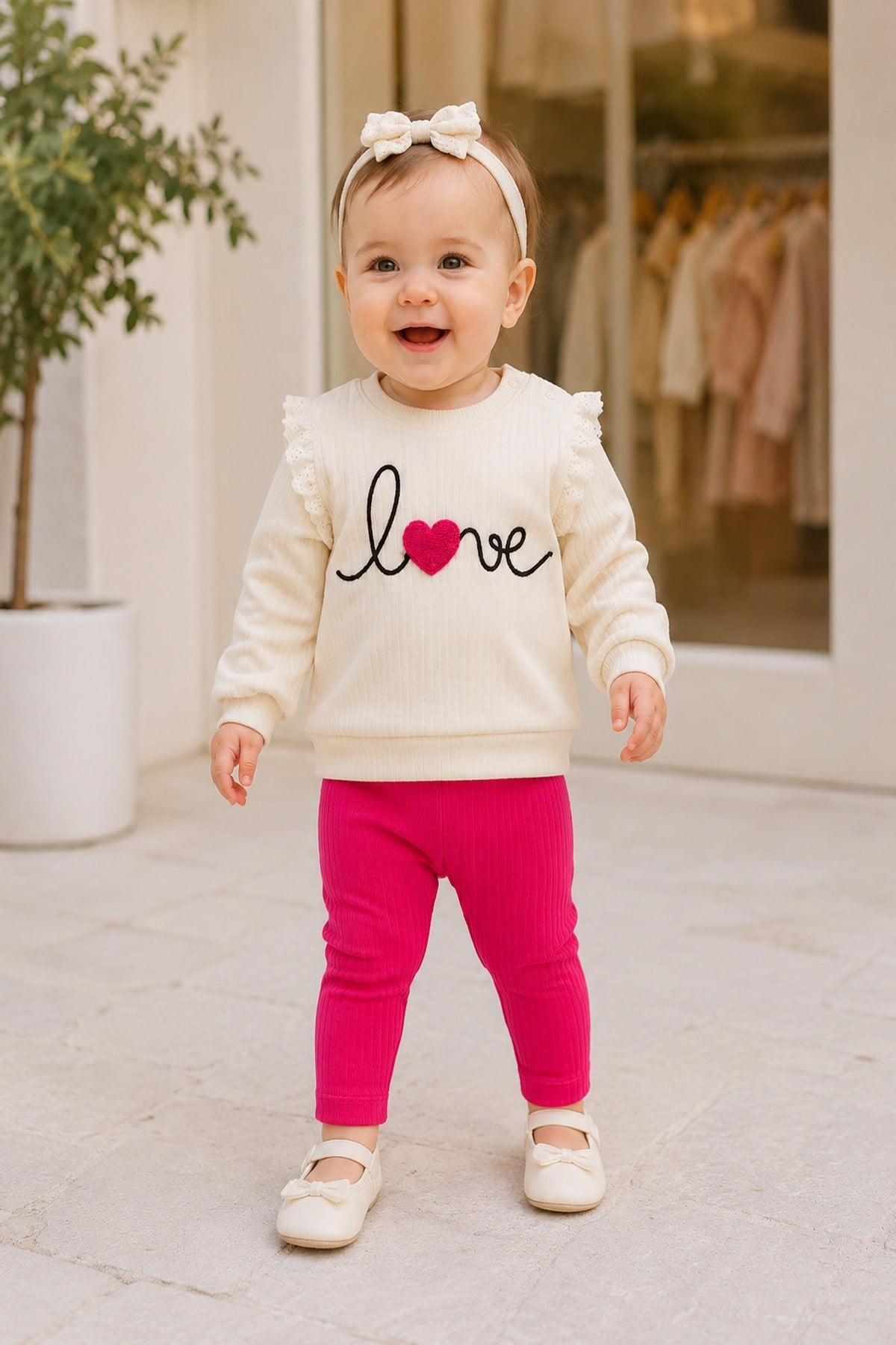 Kız Bebek/Çocuk Love Kalp Nakışlı Omuzdan Çıtçıtlı Bebek Takımı 2li Alt Üst Mevsimlik Aylık 3-6-9-12